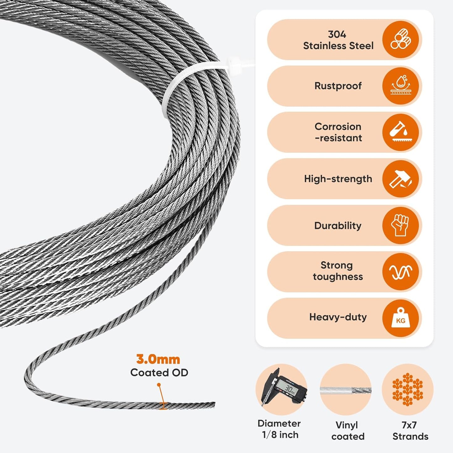 164FT 1/8" Stainless Steel Cable with Wire Rope Crimping Tool and Cable Cutter, 1760 lbs Breaking Strength, 7x7 Strands Aircraft Cable for Deck Railing, Porch Fence, String Light