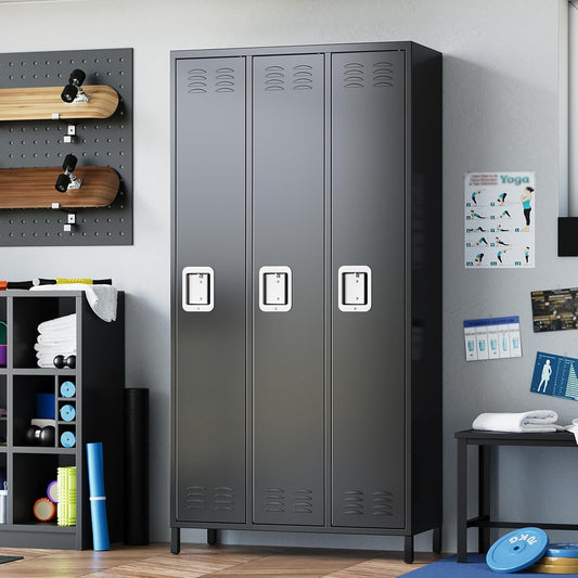 3 Doors Metal Lockers for Employees with 6 Hooks, Black Steel Storage Locker Cabinet, 72" Tall Lockers for Offices School Gyms Home Bedroom