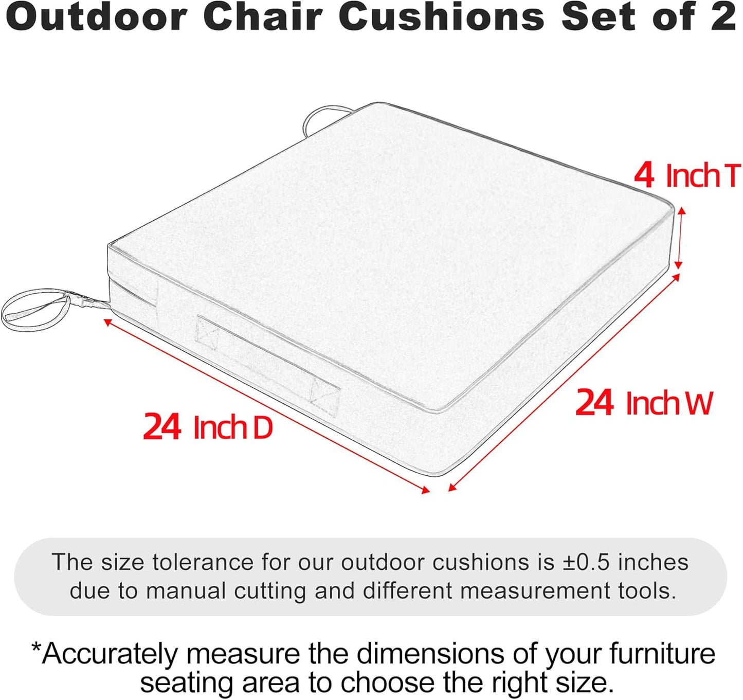 Favoyard Patio Chair Cushions 24 x 24 x 4 Inch Waterproof Outdoor Seat Cushions for Patio Furniture 3-Year Color Fastness Garden Sofa Couch Pads with Handle & Adjustable Straps Set of 2, Blue