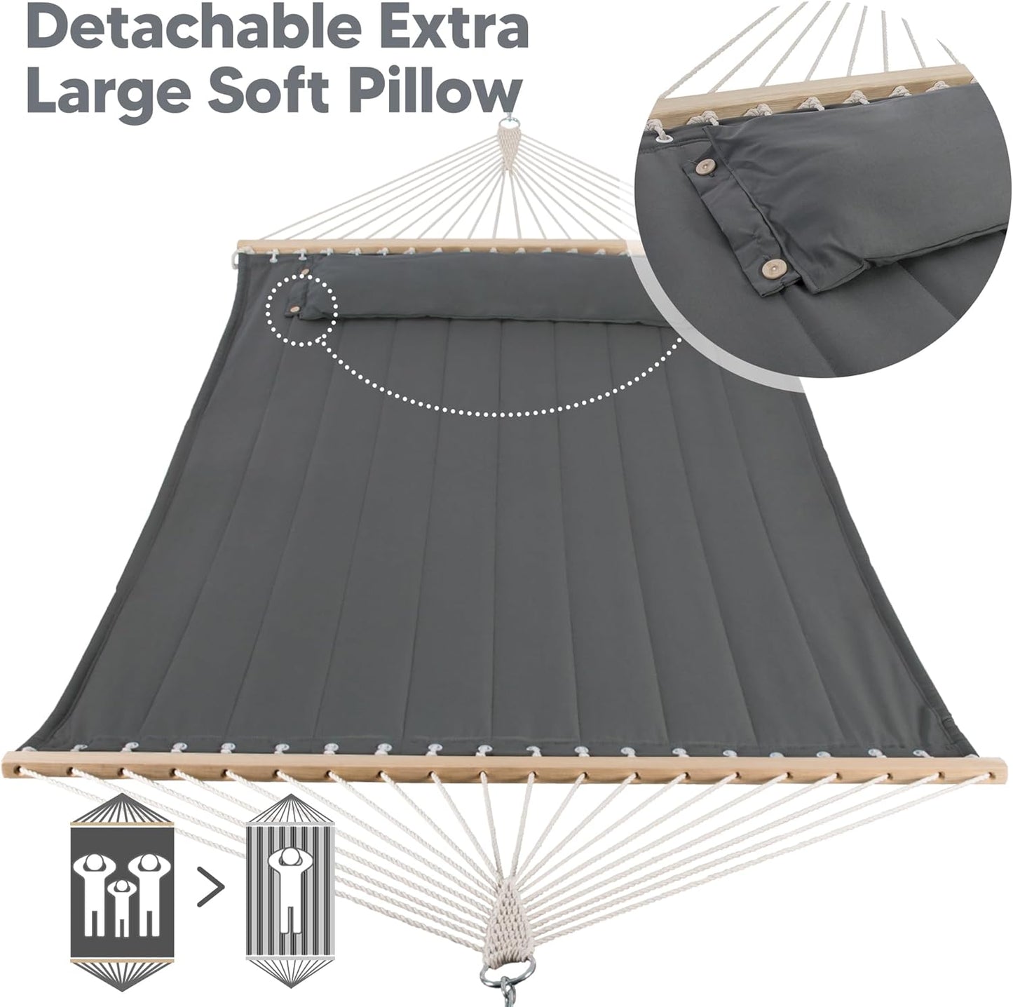 SUNCREAT Portable Tree Hammock with Hardwood Spreader Bar, Extra Large Soft Pillow, Heavy Duty 2 Person Hammock for Indoor, Outdoor, Gray