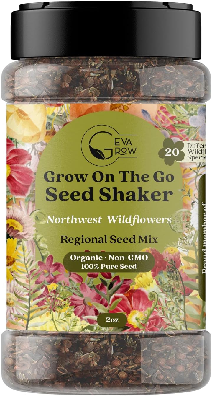 Geva Grow on The Go Seed Shaker - Northwest Wildflower Seeds Regional Mix - Organic, Non-GMO - 100% Pure Seed - 20 Different Wildflowers Seeds of Annual and Perennial, 2oz