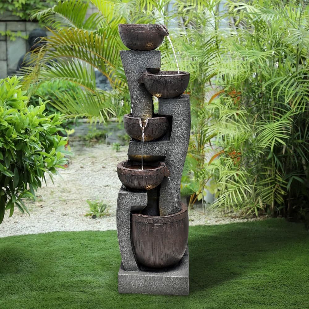 SunJet 43.7" Indoor/Outdoor Modern Water Fountain - 5-Tiers Garden Cascading Fountain with Lights & Pump - Curve Shape Floor-Standing Waterfall Feature for Home Deck, Patio, Porch, Yard Decor