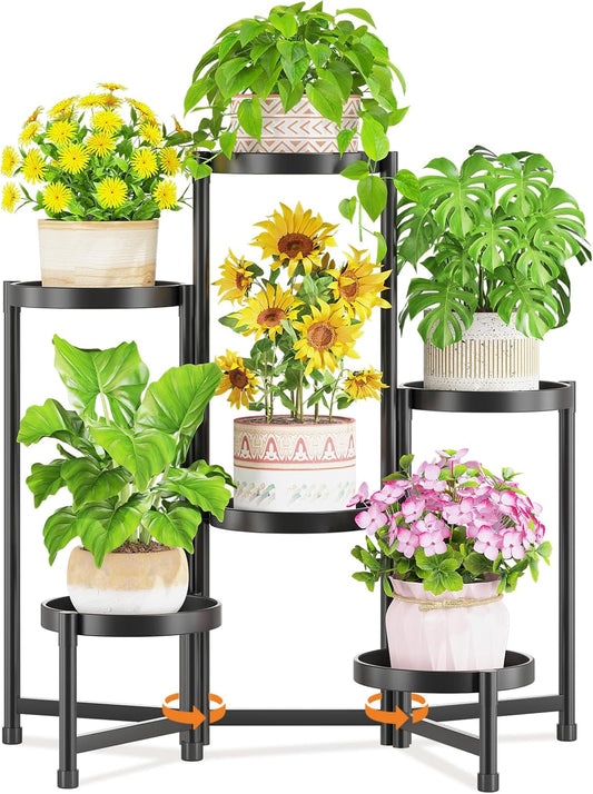 LASZOLA 6 Tiered Folding Plant Stand Indoor for Multiple Large Planter, Tall Heavy Duty Adjustable Rack with Rust Proof 10 Inch Wide Tray, Sturdy Vertical Tree Organizer for Narrow Inside Floor, Black