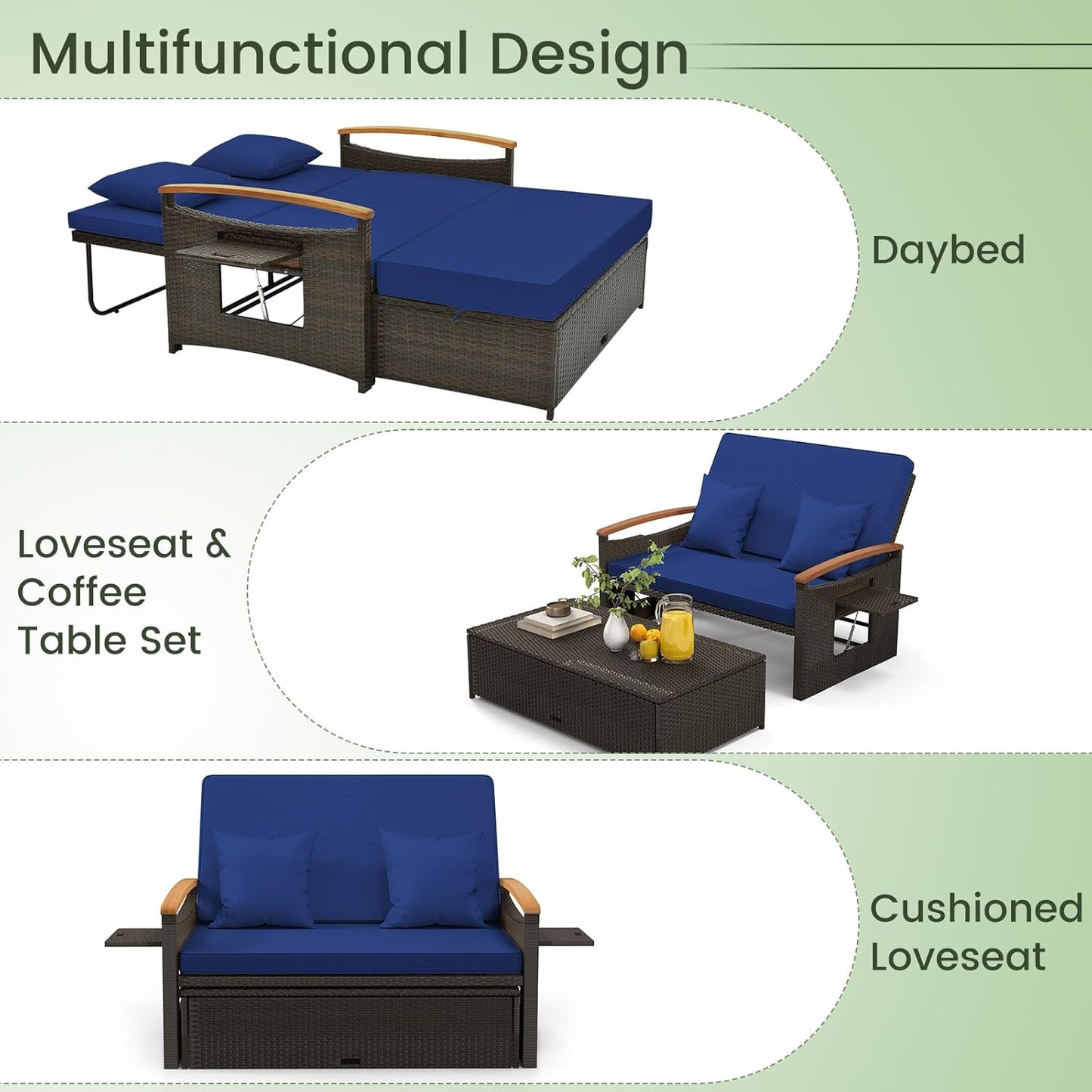 Tangkula Patio Rattan Daybed Set with Cushioned Loveseat and Storage Ottoman, Outdoor Double Chaise Lounger with 4-Level Adjustable Backrest and Retractable Side Trays for Backyard (Navy)