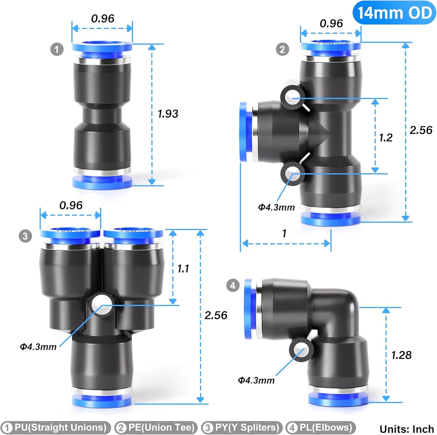 TAILONZ PNEUMATIC 14mm od Push to Connect Fittings Pneumatic Fittings Kit 5 Spliters+5 Elbows+5 tee+5 Straight (20 pcs)