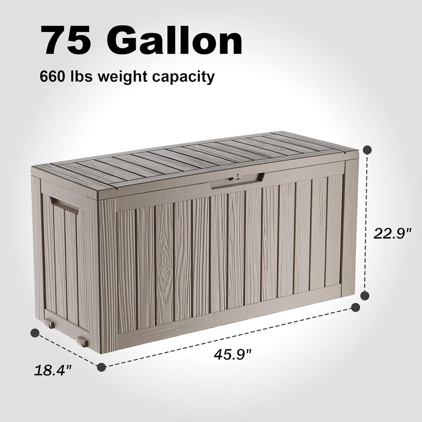 DRATO 75 Gallon Deck Box, Waterproof Resin Large Outdoor Storgae Box for Patio Furniture, Patio Cushions, Gardening Tools, Pool and Sports Supplies, Lockable