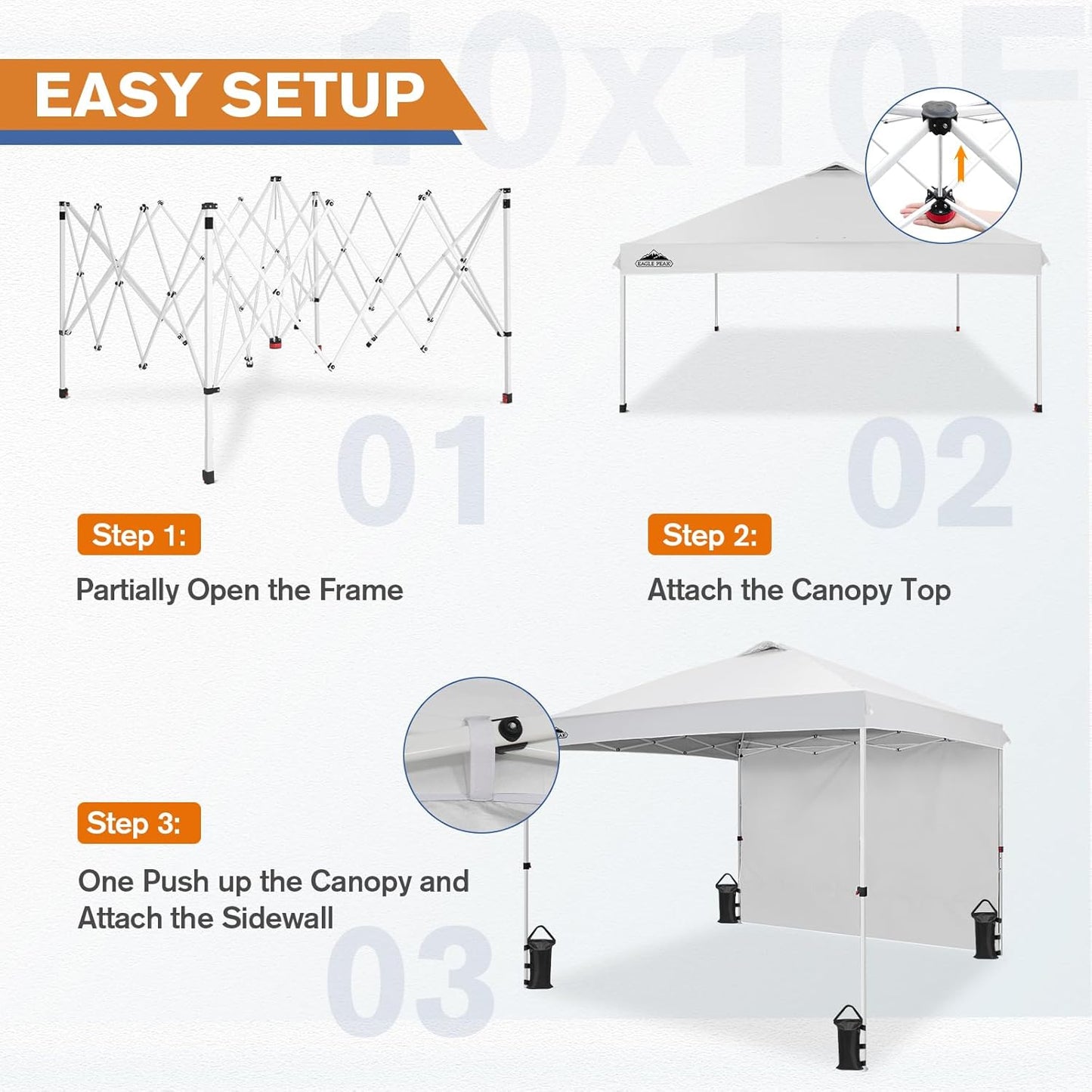 EAGLE PEAK Pop Up Canopy Tent with 1 Sidewall, Easy Setup Event Tent, Outdoor Sun Shade, Wheeled Carry Bag, Stakes and Guy Ropes, Instant Canopy 10x10, White
