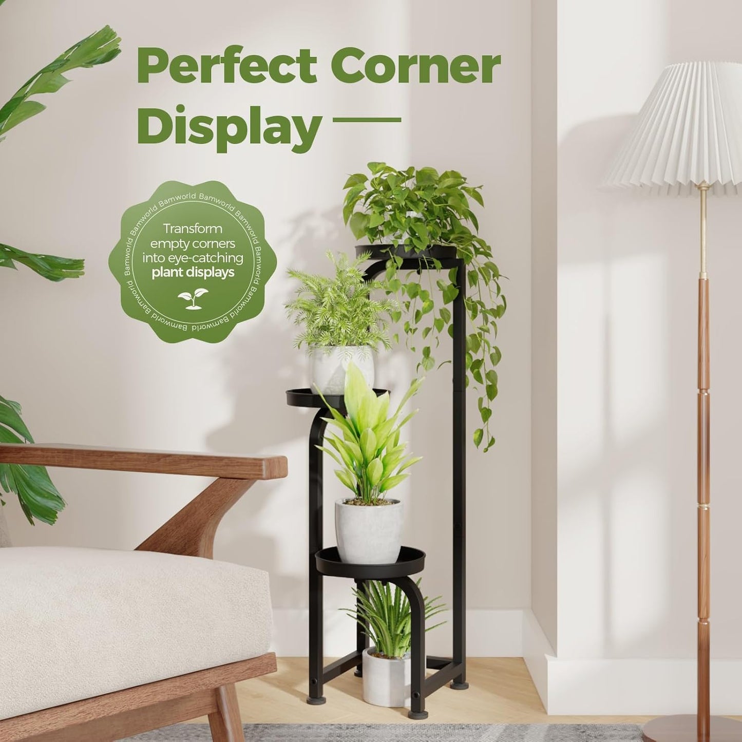 Bamworld Tall Plant Stand Indoor Outdoor, Corner Metal Flower Pot Stands for Multiple Plants, 3 Tier Heavy Duty Plant Shelf for Patio Garden Balcony Living Room Bedroom