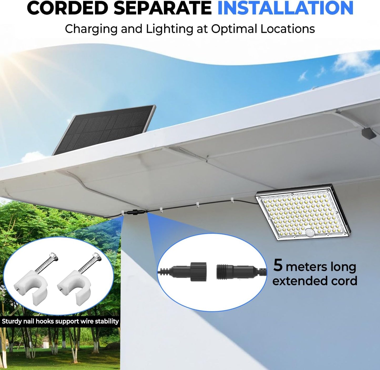 113 LED Motion Senser Outdoor Lights with 9000k Cool White Light, IP65 Waterproof, 5M Wire- Outdoor Solar Lights for Yard, Patio, Porch, Wall, and Garden, Comes with 2 Year Warranty.