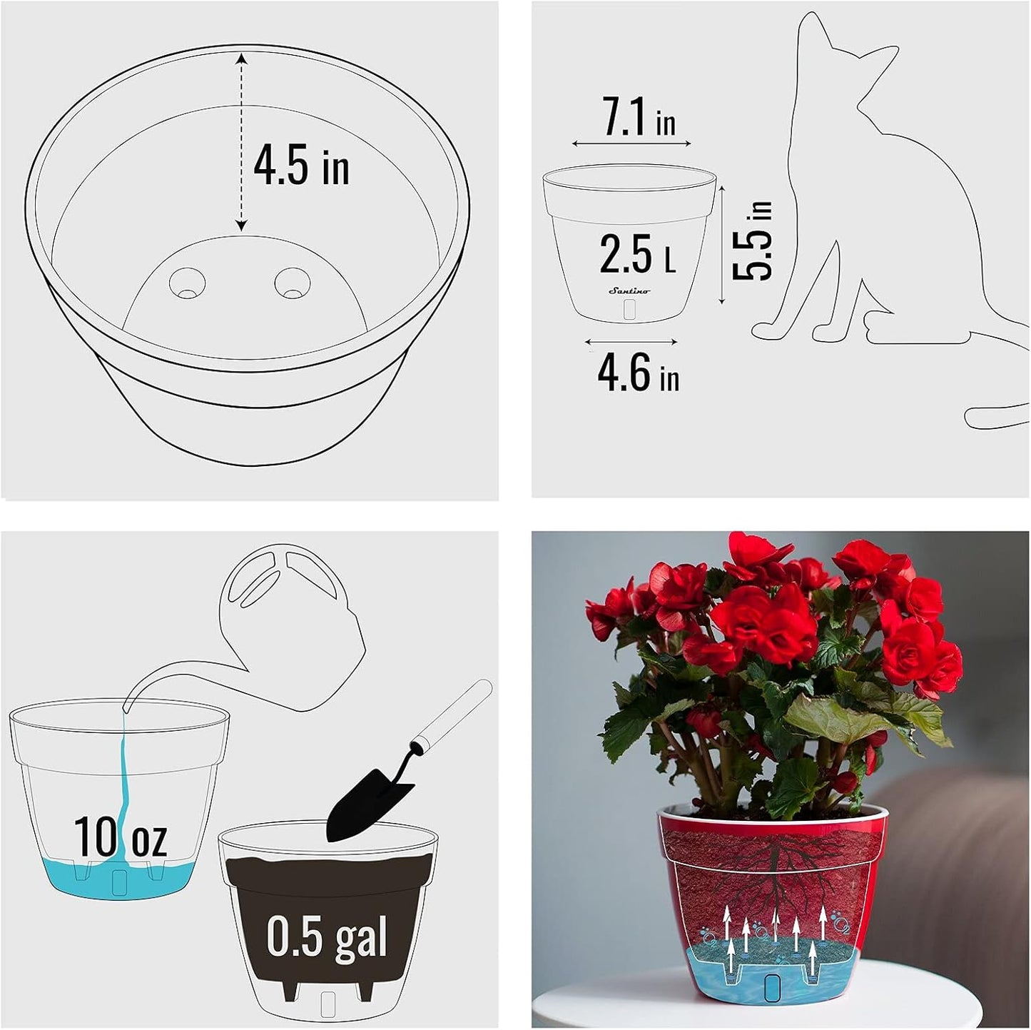 Santino ASTI 7.1 Inch Self Watering Planter Black-Gold/Black for Indoor Plants - Premium Quality Modern Plastic Planter Pot w/Water Level Indicator for All House Herbs, Plants, African Violets