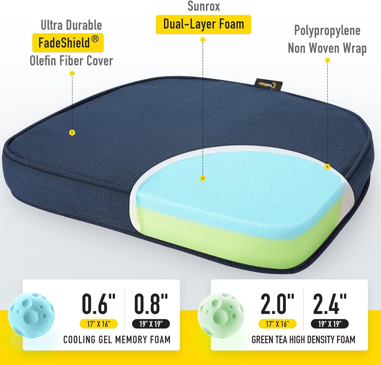SUNROX Gel Memory Foam Chair Cushion with Ties, Ultra Durable Water Resistant FadeShield Outdoor/Indoor Reversible Chair Seat Cushion 17 x 16 inch Set of 4, Navy