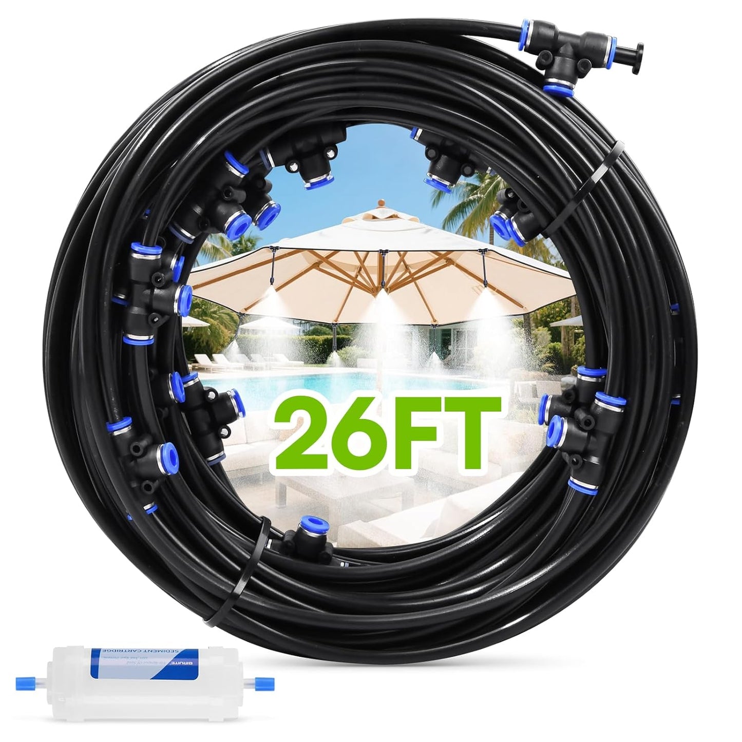 RAINPOINT Misters for Outside Patio - Upgraded 26FT(8M) Misting System Kit with Water Filter for Cooling Outdoor, 26FT Misting Line + 7 Mist Nozzles for Backyard Garden Porch Deck Greenhouse