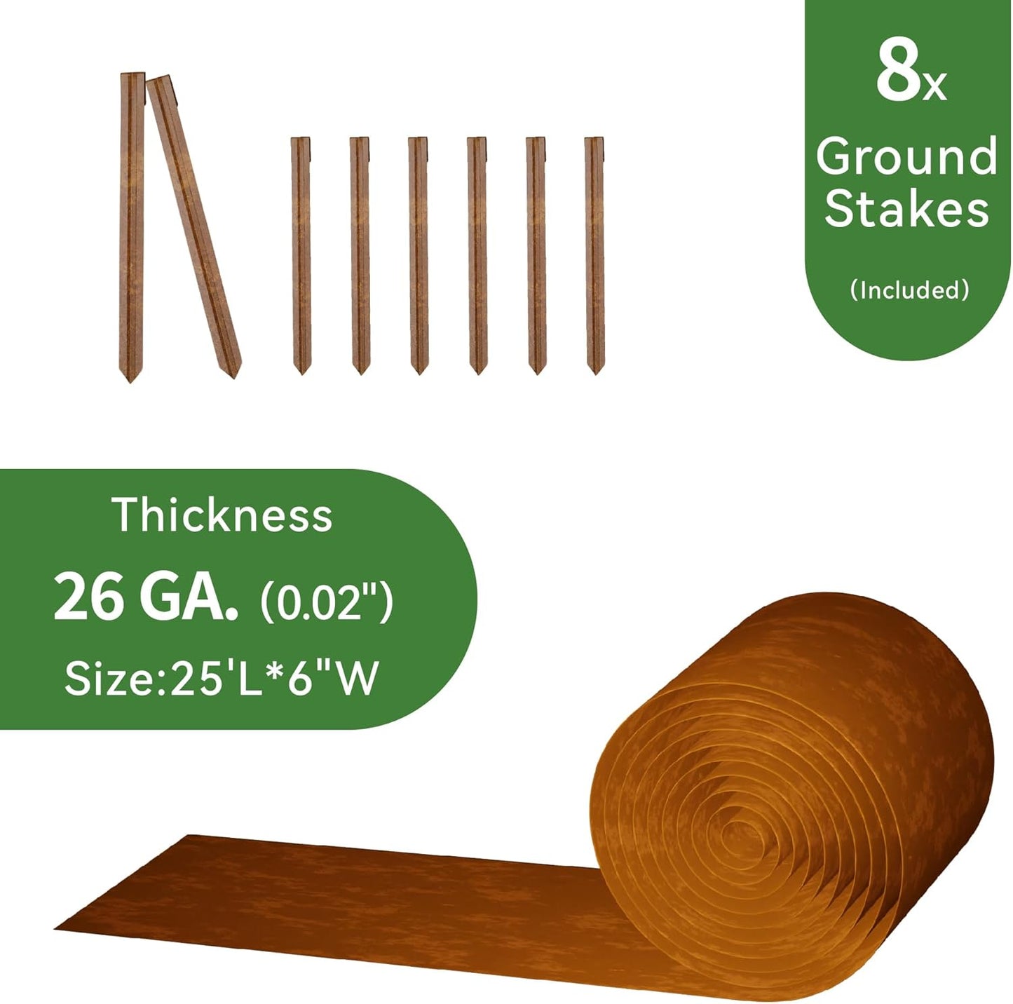 Worth Galvanized Steel Landscape Edging 6" x25' Metal Garden Edging Roll Flexible Bender Border with 8Pcs Stakes for Lawn, Flower Bed Edges, Rust-Like Color