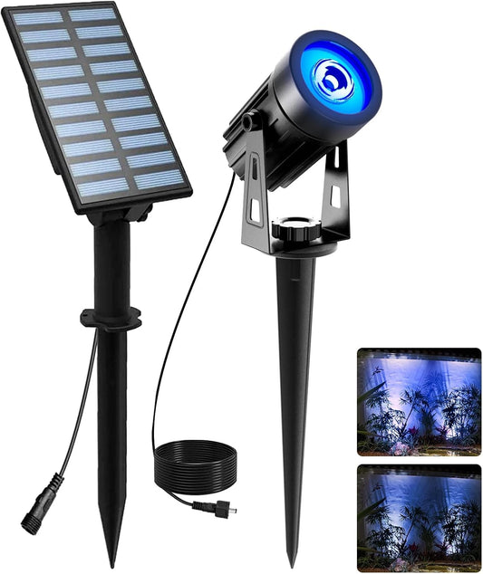 T-SUNUS Halloween Solar Spot Lights Blue Metal Outdoor Spotlights with 9.8ft Cable, IP65 Waterproof, Separated Panel for Yard Driveway Pathway Pool Christmas Tree Patio Landscaping Wall Flag Trees