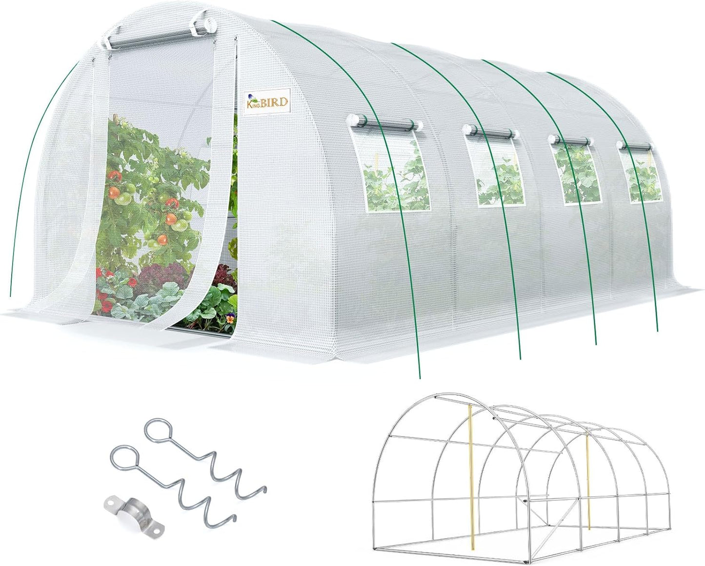 KING BIRD Premium 20x10x6.6FT Greenhouse for Outdoors, Large Walk-in Heavy Duty Galvanized Steel Frame, Mesh Door Screen Window Upgraded Zipper Tunnel Hoop for Garden Plant Winter, White