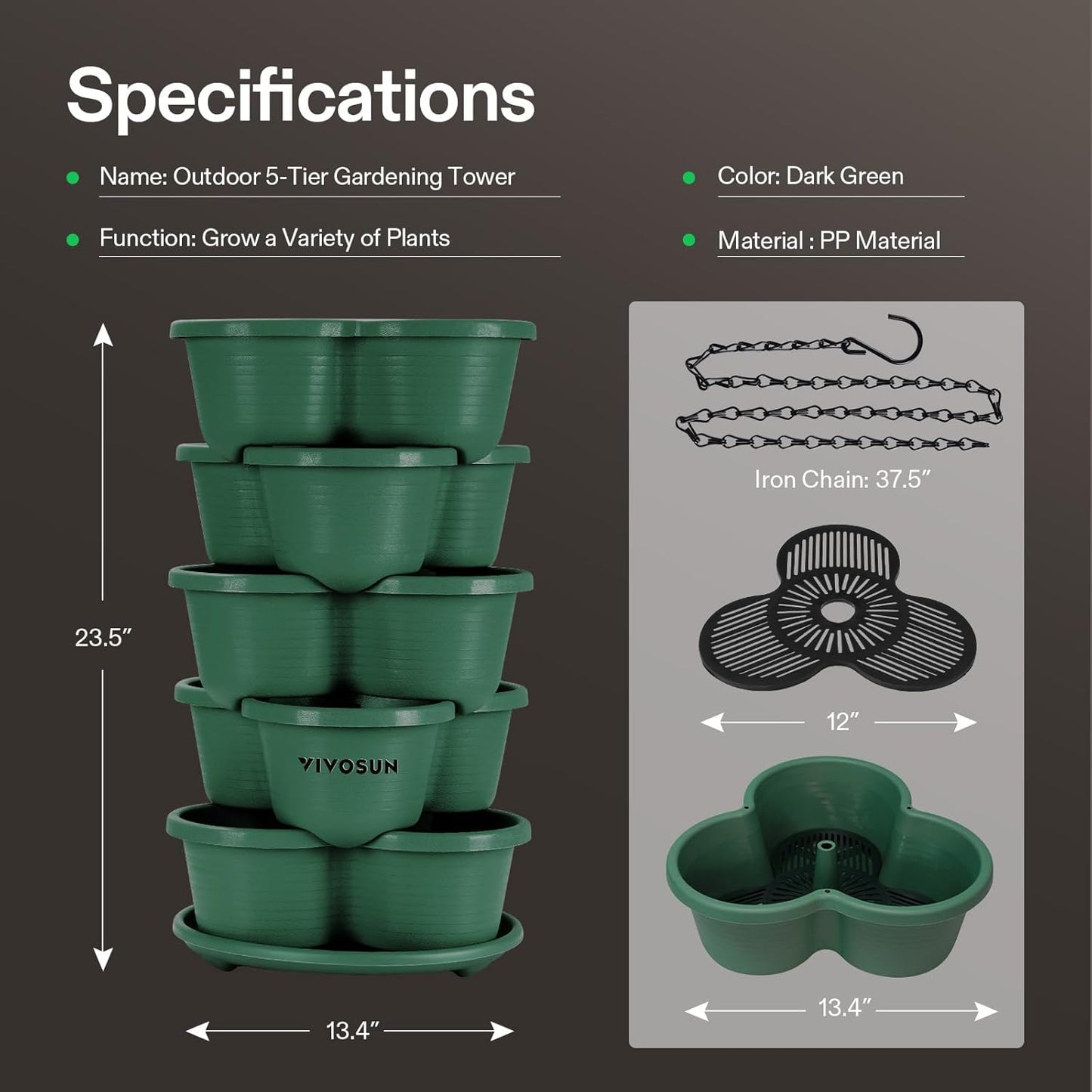 VIVOSUN 5 Tier Vertical Gardening Stackable Planter for Strawberries, Flowers, Herbs, Vegetables, Dark Green