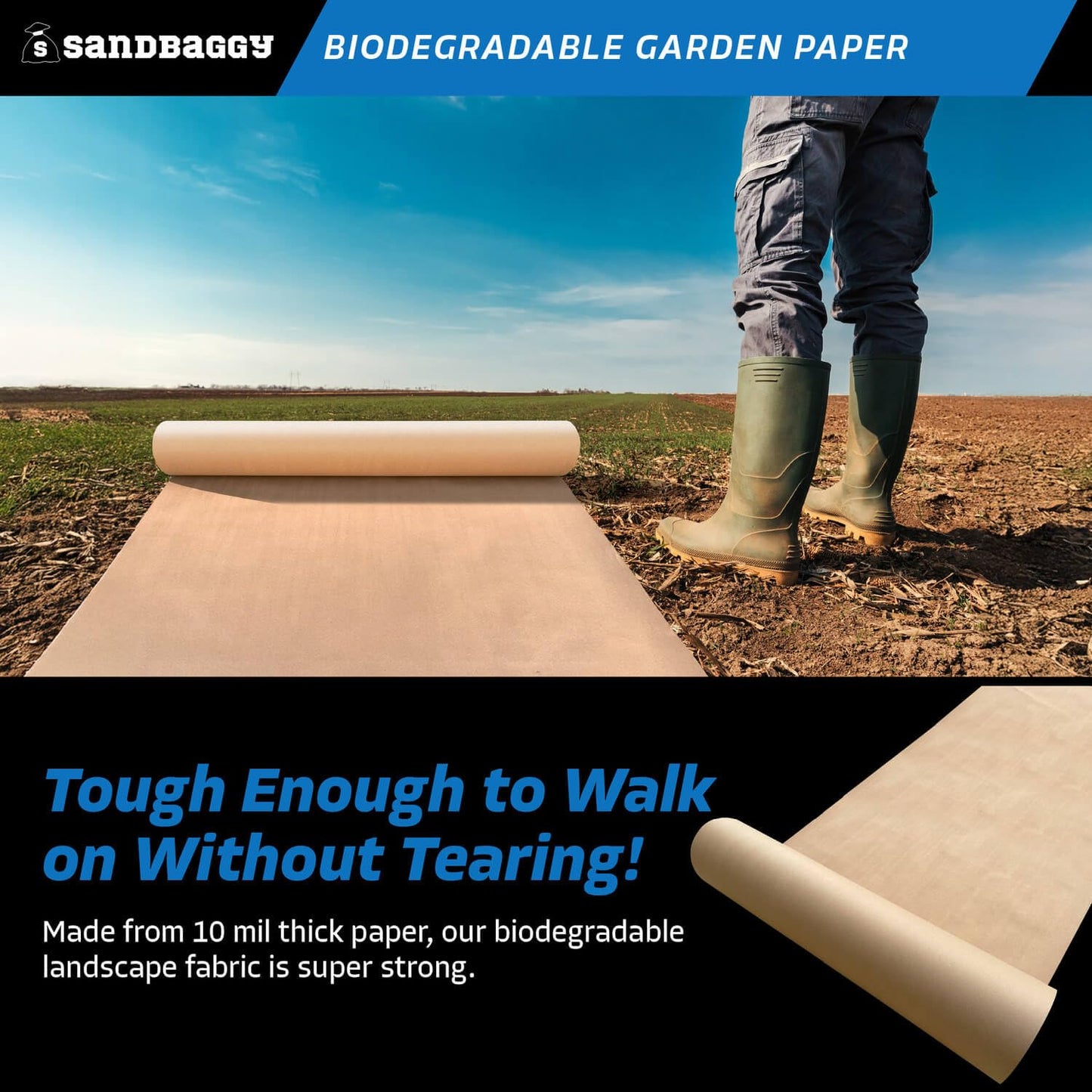 Sandbaggy Biodegradable Landscape Fabric - Garden Paper for Weeds - Paper Mulch Rolls (5 ft x 50 ft, 1)