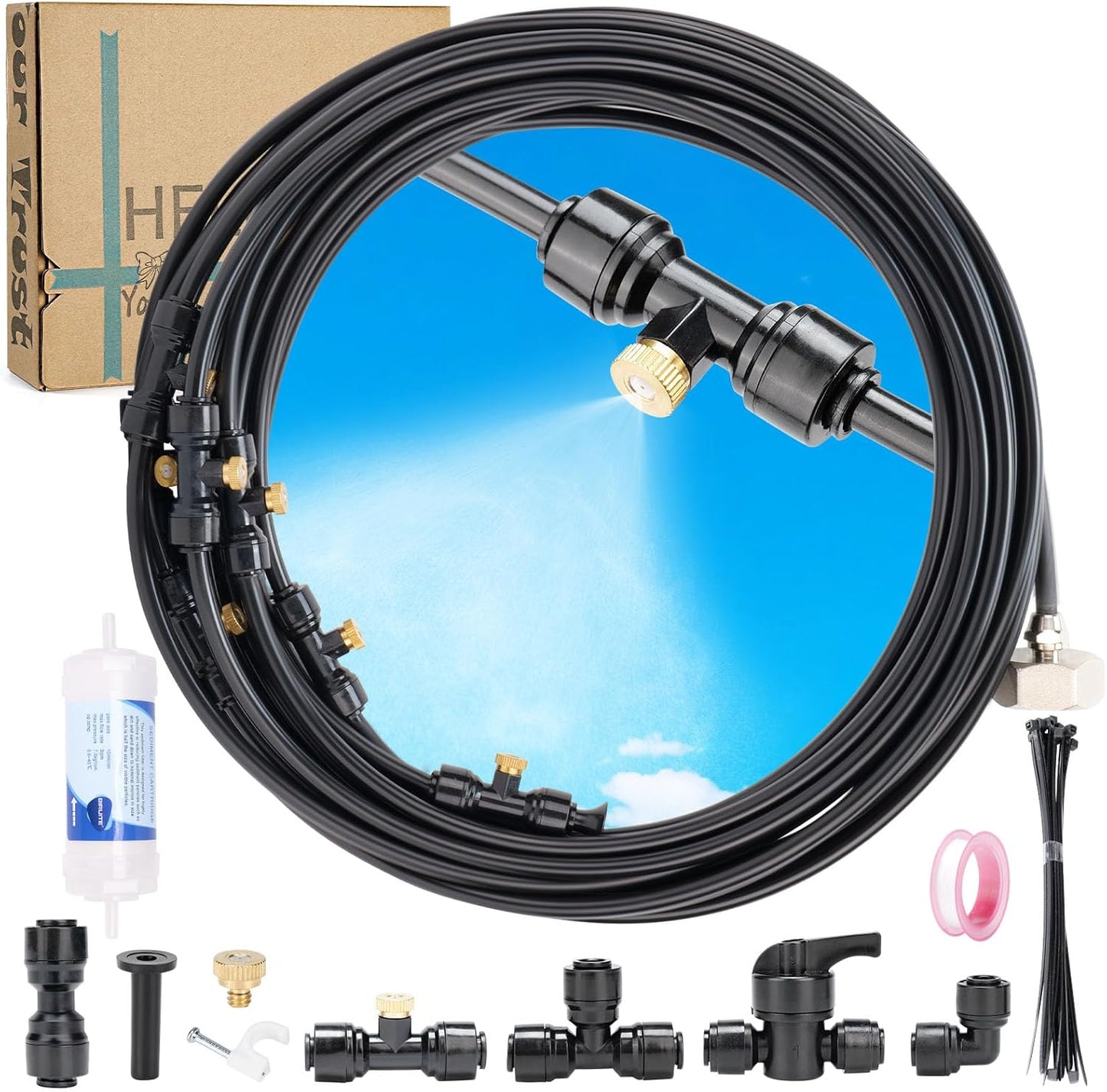 Misters for Outside Patio 32ft– Misting System with Filter and Easy DIY Installation for Garden, Trampoline, and Greenhouse-Ideal for Cooling Patios, and Chicken Coop