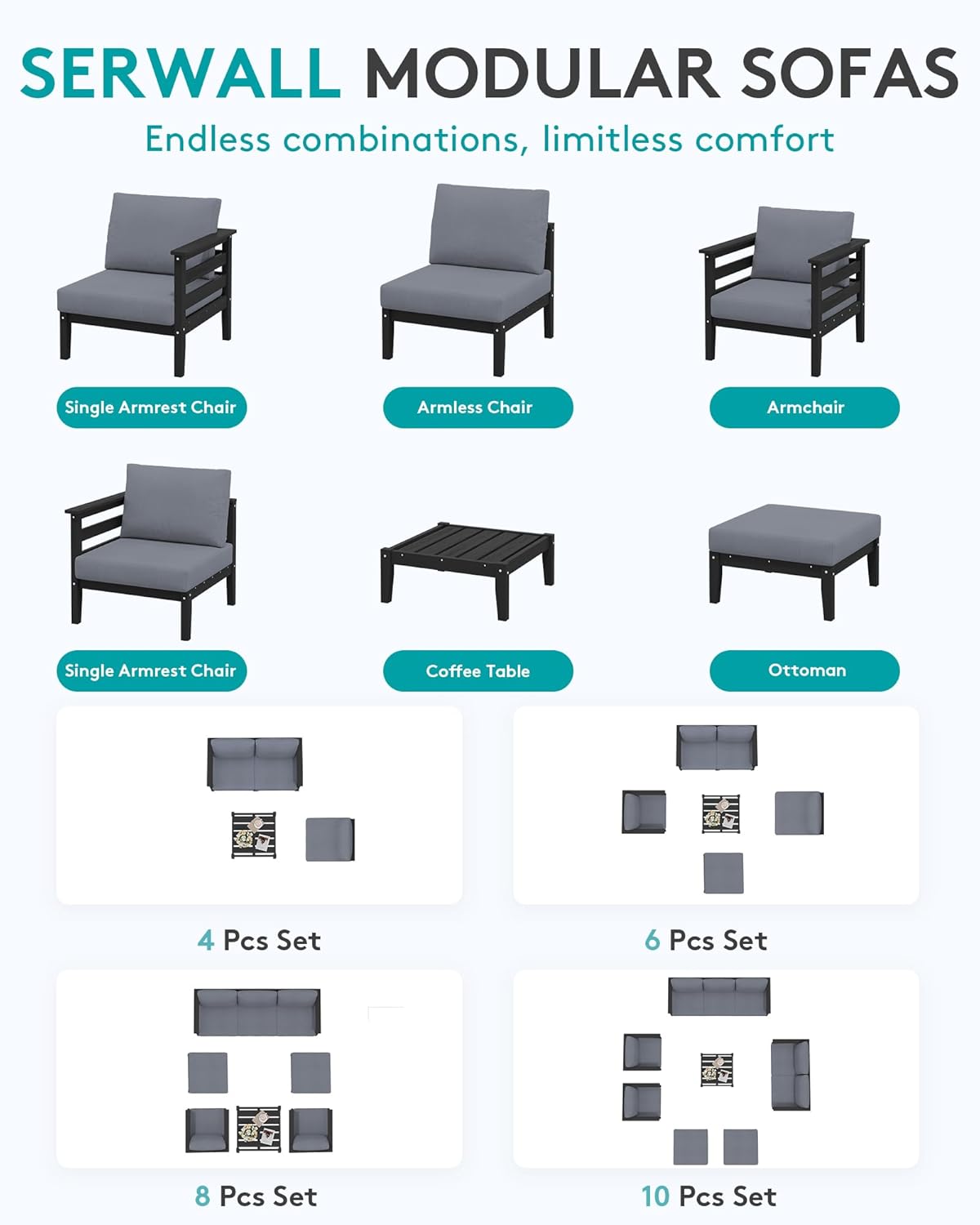 SERWALL HDPE Patio Furniture Set, 8 Pieces Composite Outdoor Furniture, All-Weather Wood-Like Outdoor Sofa Couch with Coffee Table for Deck, Lawn, Black Frame with Grey Cushion
