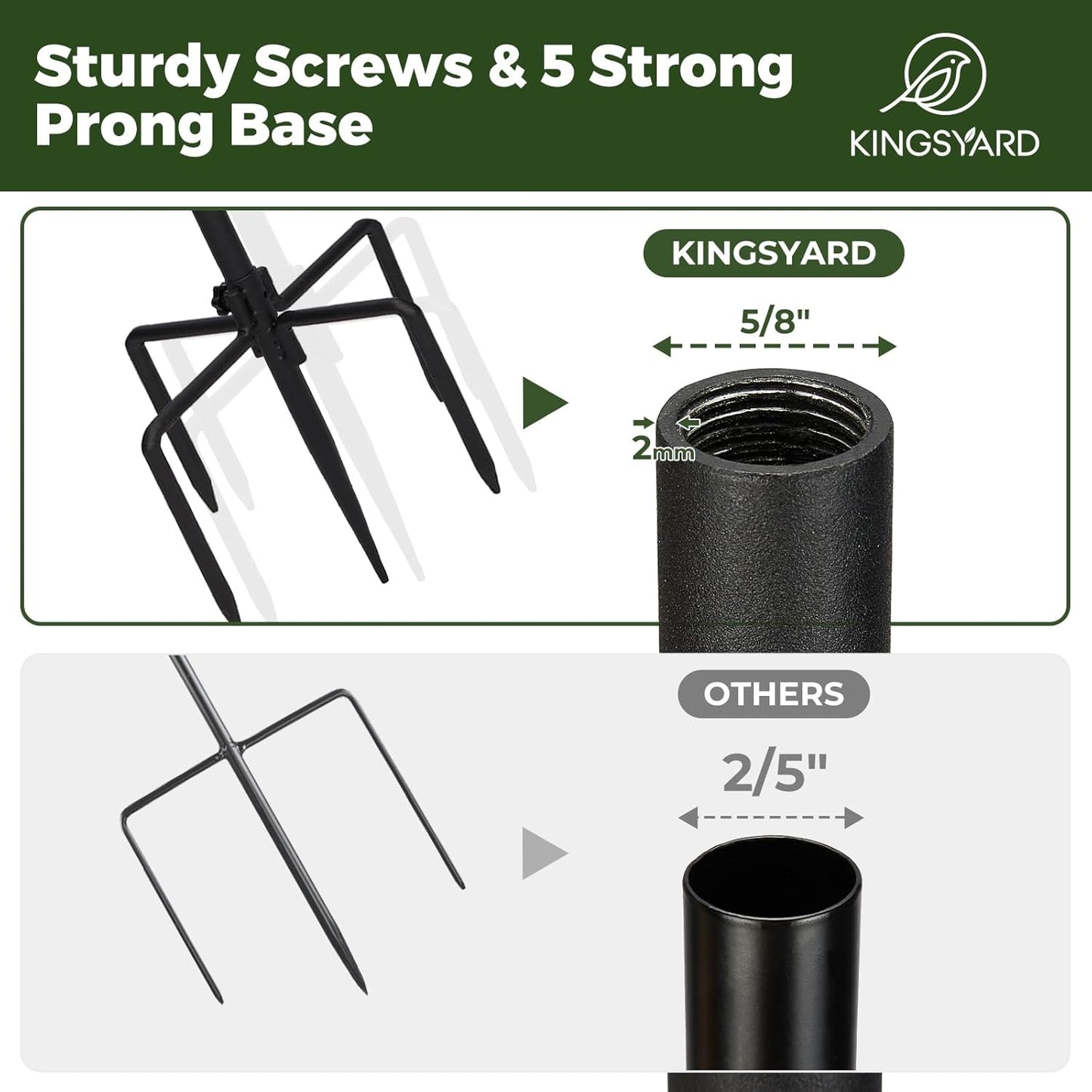 Kingsyard 2 Pack Adjustable Shepherd Hooks for Outdoor - 60 INCH Heavy Duty Bird Feeder Pole with 5 Prong Base, Hummingbird Feeder Stand, Garden Plant Baskets, Weddings Decor, Solar Light Lanterns