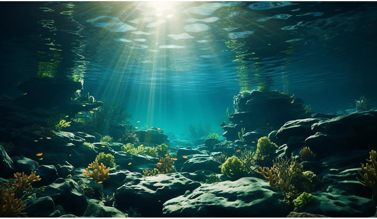 Aquarium Background Underwater Aquatic Plants Rocks Fish Terrarium Backdrop Sunlight Rays Coral Fish Tank Background Cave Style Landscape Sea Grass Tank Wallpaper Poster Vinyl 72x18in