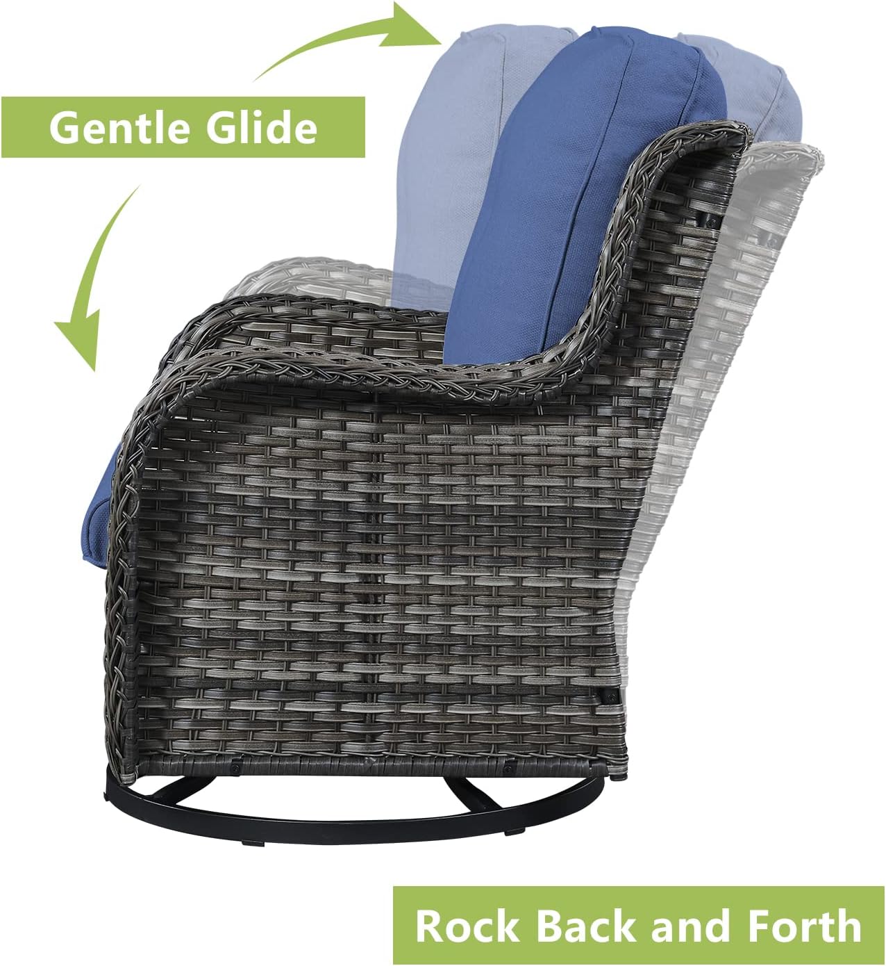 Outdoor Wicker Patio Furniture Set - 6 Piece Rattan Patio Conversation Set with 2 Rocking Swivel Chairs,2 Ottomans,1 Sofa and 1 Side Table for Porch Deck Backyard Garden(Mixed Grey/Blue)