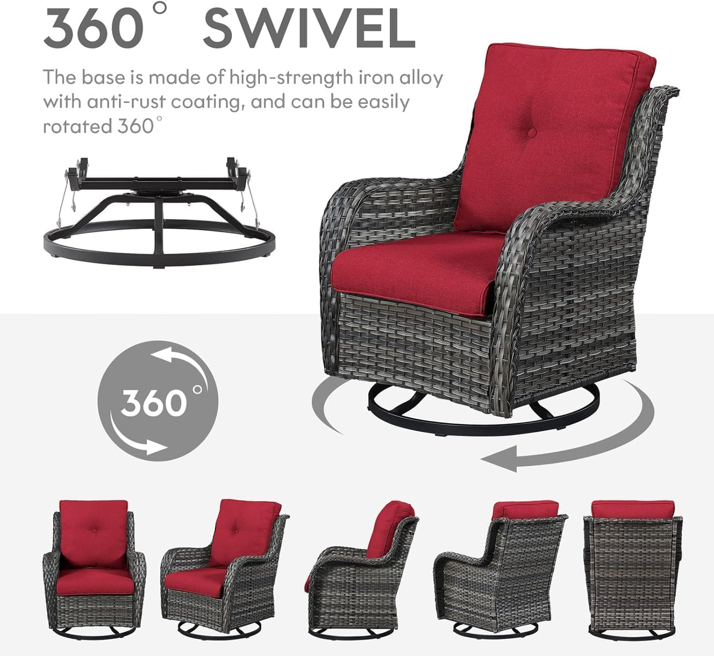 5 Pieces Patio Wicker Furniture Set - 4 Outdoor Swivel Rocker Glider Chairs with 50000BTU Propane Fire Pit Table, Warm Patio Conversation Set Red Cushion Perfect for Casual Gathering