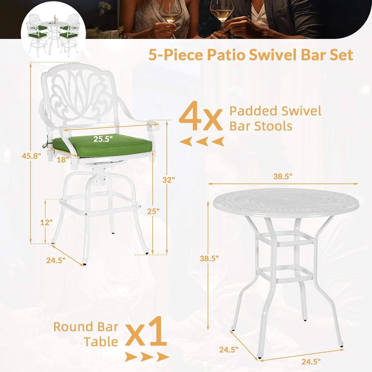 5 Pieces Patio Swivel Bar Set, Patio Bar Table and Chairs Set, All-Weather Cast Aluminum Outdoor Swivel Bar Stools of 4 and 38.5" Round Bar Table, High Top Bistro Set for Deck, Pool, White