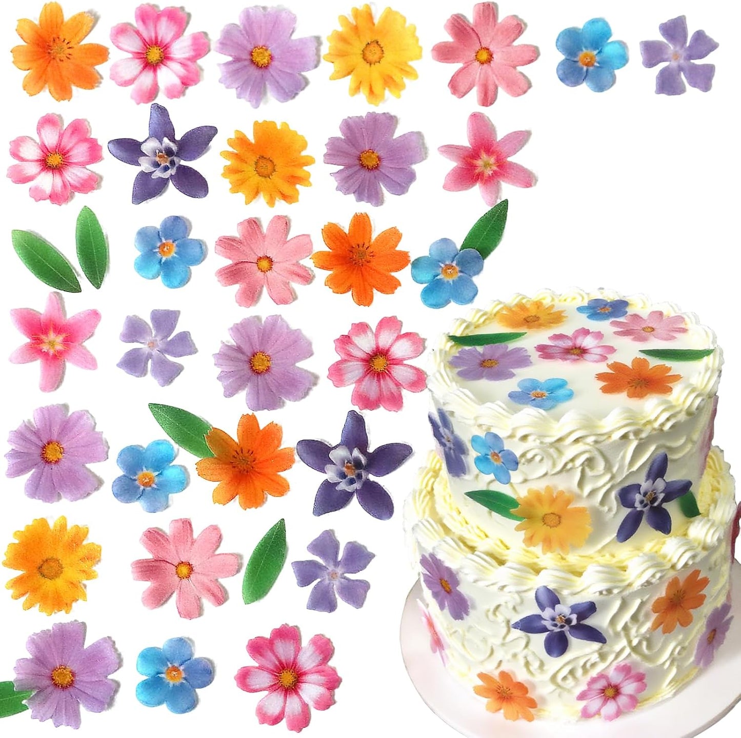 60 Pcs Edible Flowers Cupcake Toppers Cake Decorations Wafer Paper Hawaiian Flower Leaves Cake Decor for Wedding Birthday Parties