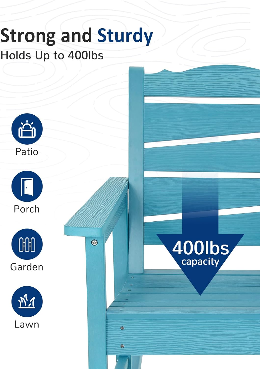 Patio Rocking Chair, Weatherproof HIPS Outdoor Rocking Chair for Adults, 400LBS Support Heavy Duty Porch Rocking Chairs for Garden, Lawn, Backyard, Outdoor and Indoor (Lake Blue)