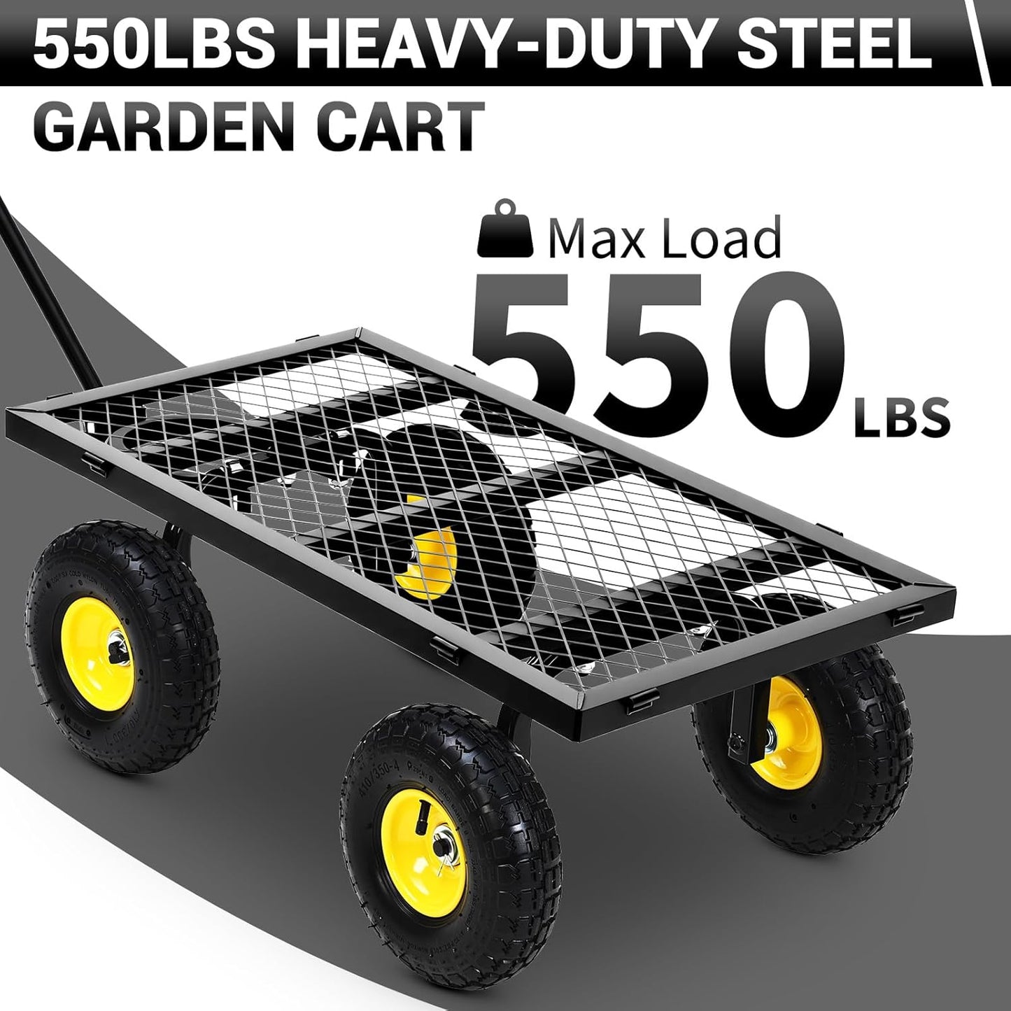 Heavy Duty Steel Garden Cart, 550LBS Pullable Metal Garden Wagon with 10" Wheels, 180° Rotating Handle and Removable Sides for Outdoor, Farm, Yard, Beach ﻿