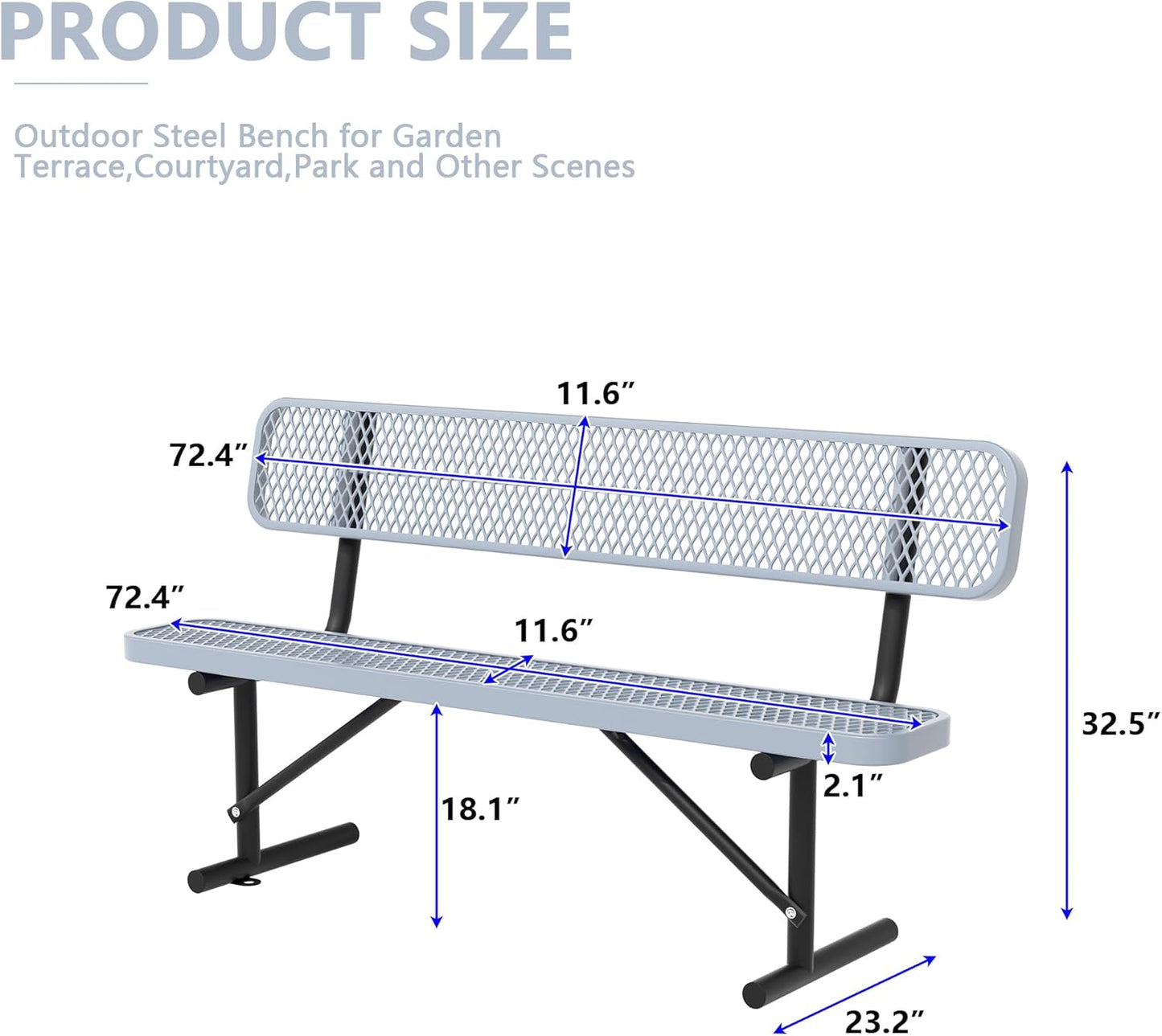 Heavy Duty Park Bench with Back Portable Frame, Outdoor Steel Bench with Backrest, Outdoor Park Bench Expanded Metal Mesh Bench for Lawn, Park, Deck, Garden, Patio, Porch, Black (Gray, 8FT)