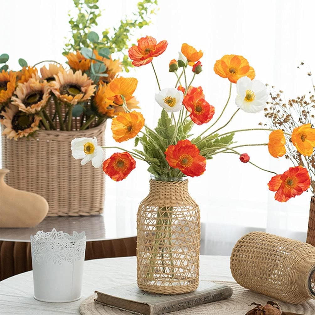 DOITOOL Glass Flower Vase with Rattan Cover, Round Decorative Flower Vase Woven Seagrass Vase Farmhouse Vase Floral Container for Floral Arrangement Table Centerpiece Decor (Size S)