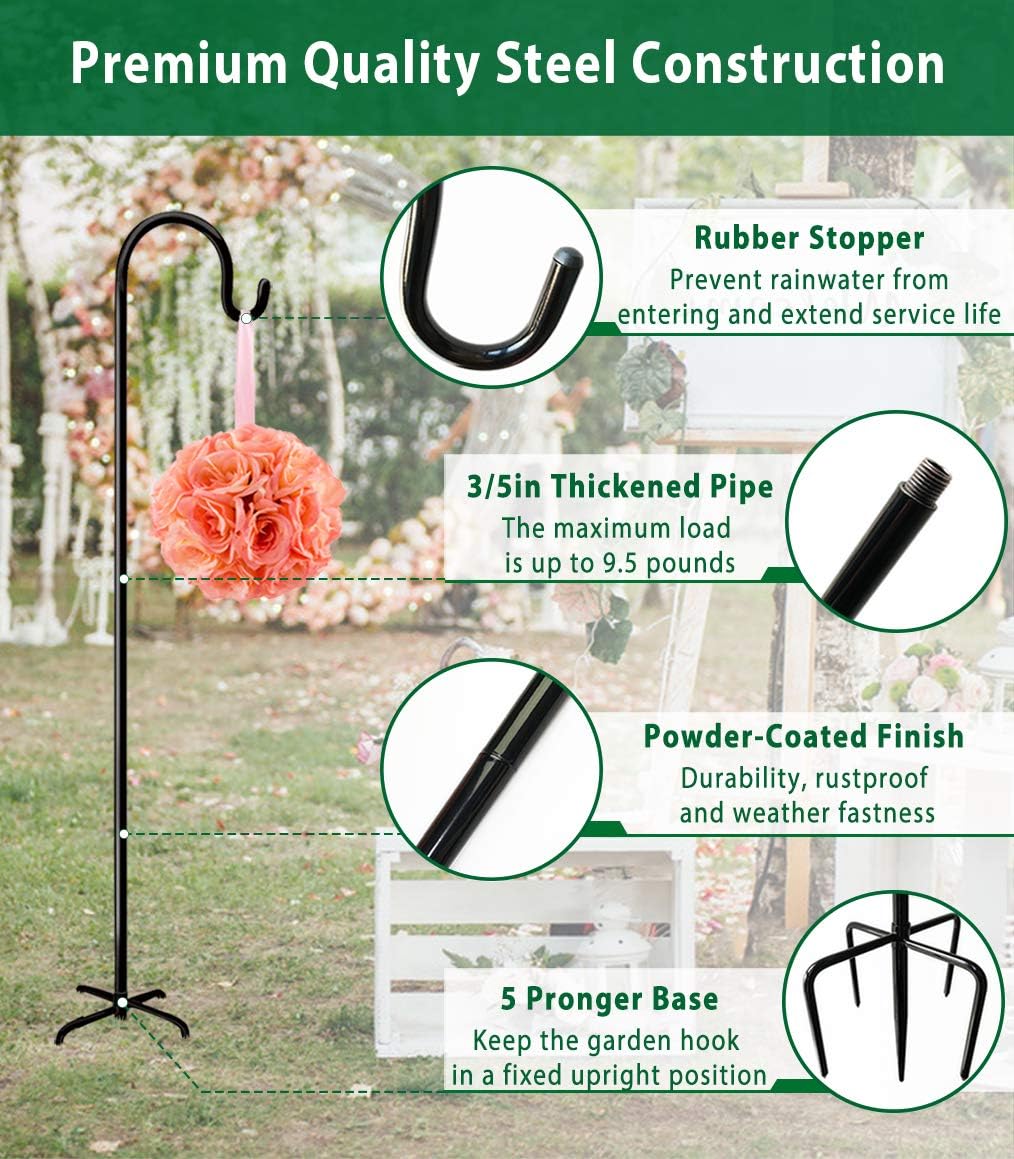 Artibear Adjustable Outdoor Shepherd Hook Stand with 5 Prong Base, 108 Inches Tall 3/5 in Thick, Shiny Black (2 Packs)