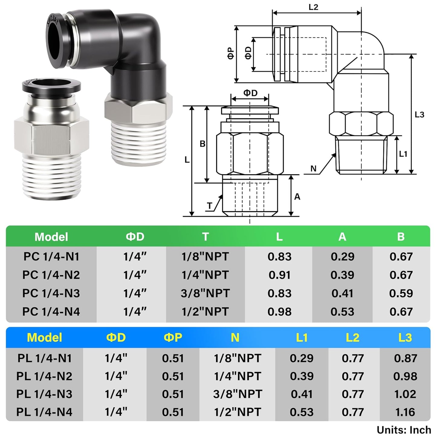 TAILONZ PNEUMATIC Elbow and Straight Combination 1/2 Inch Tube OD x 3/8 Inch NPT Thread Push to Connect Fittings PC-1/2-N3+PL-1/2-N3(Pack of 12)
