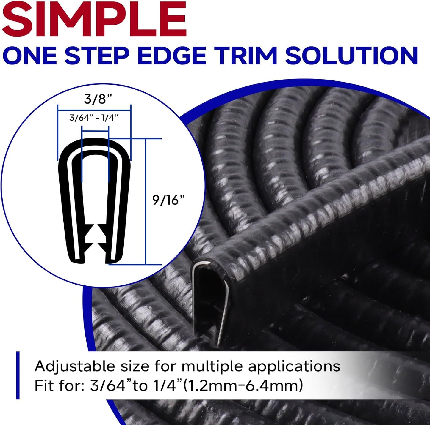 Rubber Edge Trim, U Channel Edge Trim with Metal Clips Edge Guard Protector, PVC Rubber Seal Strip for Sheet Metal, Car Doors, Hatches, Table Corners, Fit 3/64" to 1/4"(1.2mm-6.4mm), 48Ft, Black