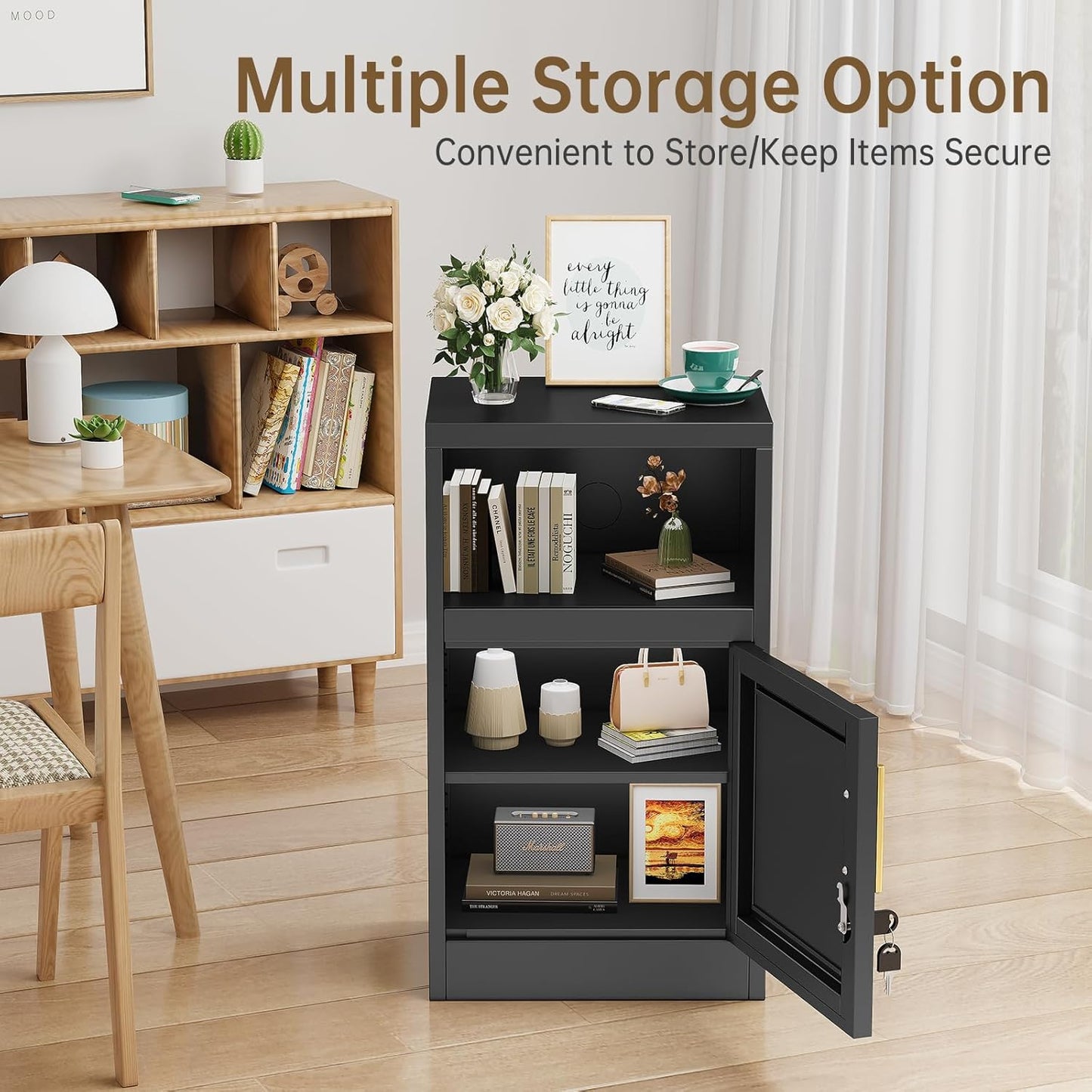 27" Metal Nightstand with Locked Doors, Small Sidetable with Storage Shelf, Storage Cabinet for Bedroom, Metal End Table for Home, Office Black