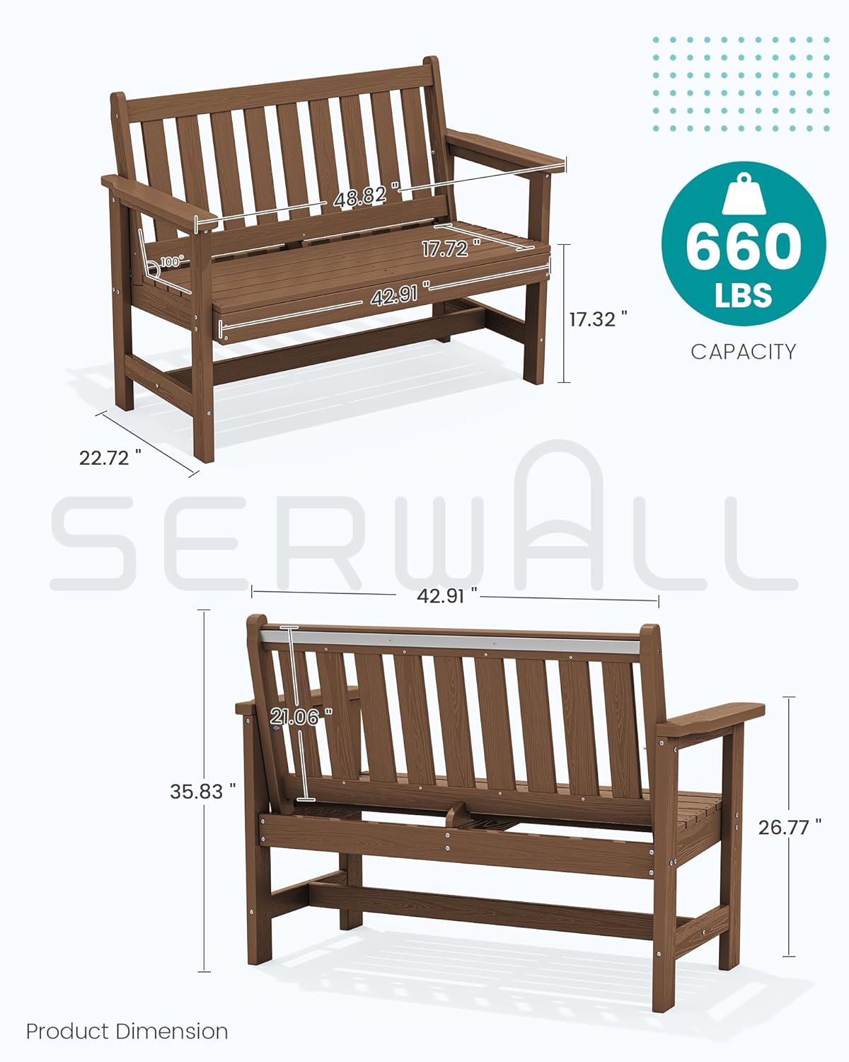 SERWALL Outdoor Bench, HDPE Outdoor Benches Weatherproof, 2-Person Garden Bench with 660 lbs Weight Capacity, Patio Benches for Outdoors, Garden, Porch, Backyard and Park, Brown, 6 Pack