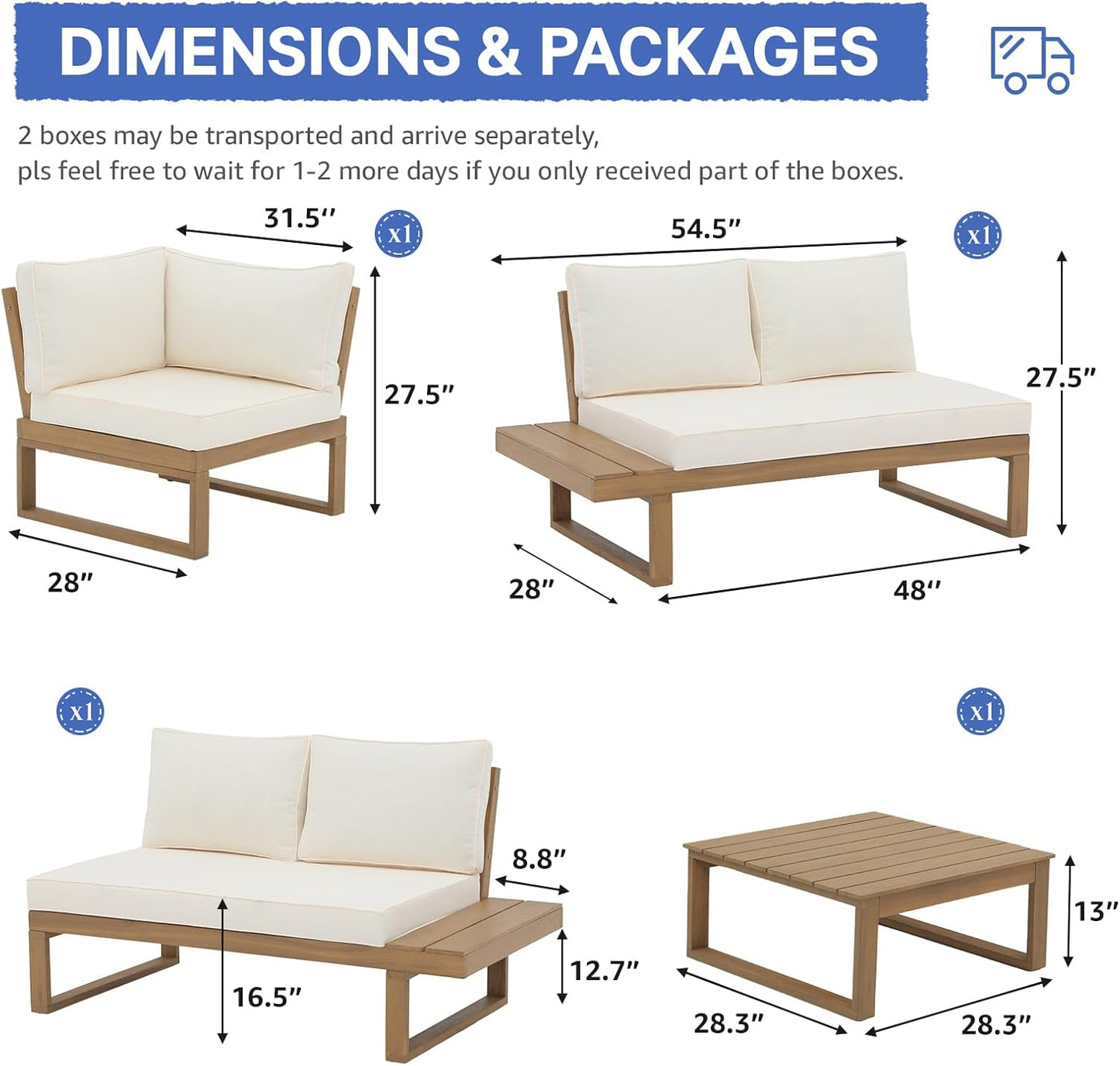 Soleil Jardin 4 Piece Acacia Wood Patio Furniture L-Shaped Outdoor Sectional Sofa Set with Coffee Table, FSC Certified Conversation Set with Built-in Side Table and Cream White Cushions for Garden