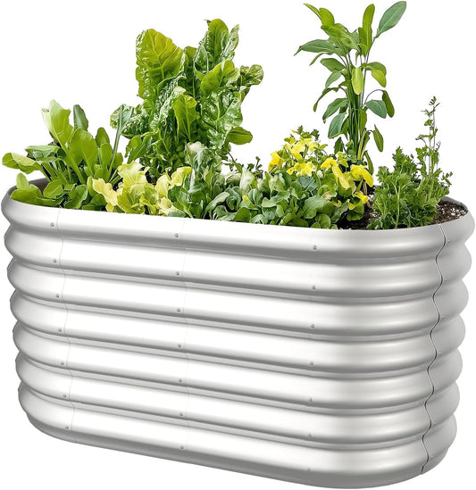 4x2x2ft Oval Galvanized Raised Garden Bed Kits Outdoor Large Metal Modular Planter Box 9-in-1 Raised Beds for Gardening,Vegetables,Fruits,Flowers & Herbs (Silver)