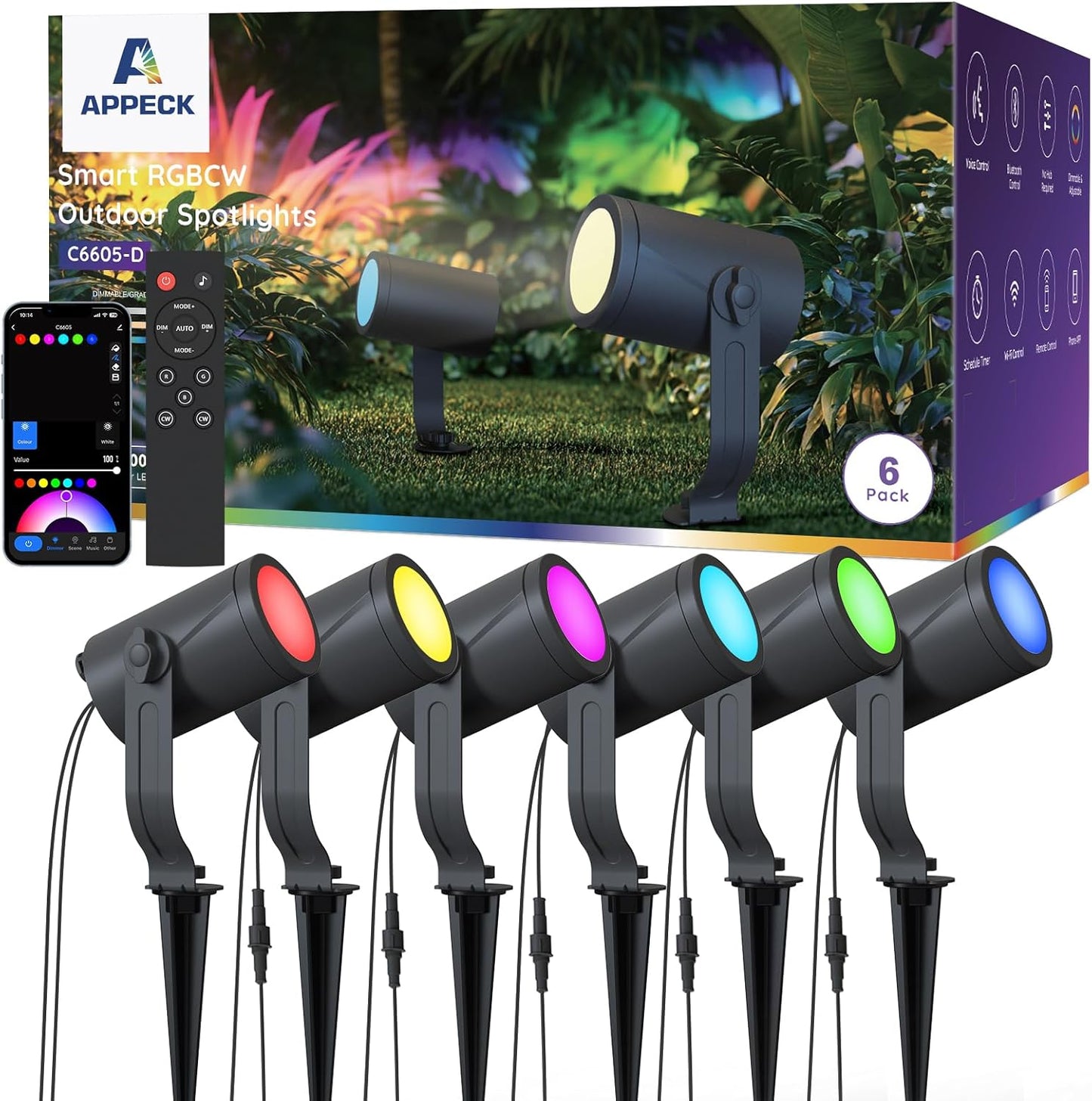 Smart Landscape Lighting Kit 36W, RGBCW Smart Landscape Lights 6 Pack, IP65 Waterproof Outdoor Spotlights, Alexa/Google Assistant Compatible, for Garden Pathway Yard Holiday Decor