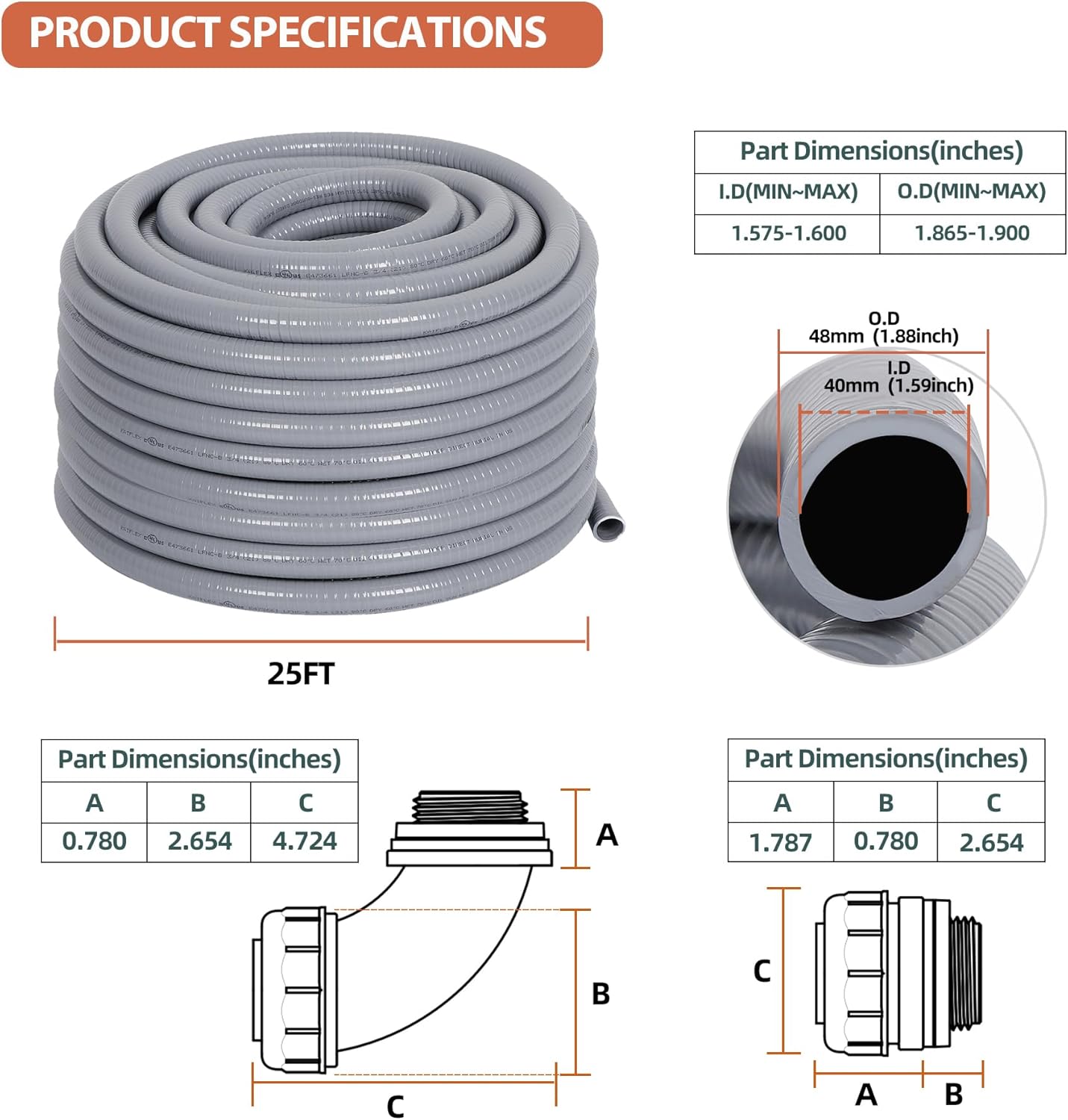 Liquid-Tight Conduit 1-1/2 inch 25ft, Electrical Conduit w/UL Certification, Flexible Conduit with 5 Straight and 5 90-Degree Conduit Connector Fittings Gray