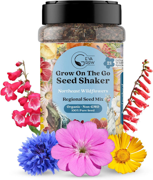 on The Go Regional Wildflower Seed Shaker - Northeast USA Wildflowers - 100% Pure Seed - Organic, Non-GMO - 21 Wildflower Variety Seeds of Annual & Perennial, 2oz