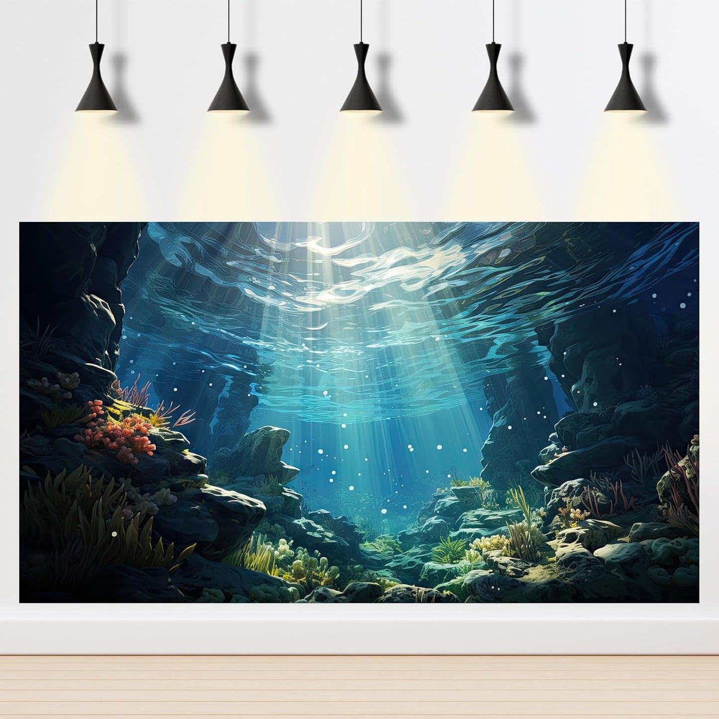 Underwater Aquarium Background Corals and Tropical Fish Terrarium Backdrop Rock Aquatic Plants Sunlight Rays Fish Tank Background Tank Aquarium Wallpaper Poster Decor Vinyl 36x24in