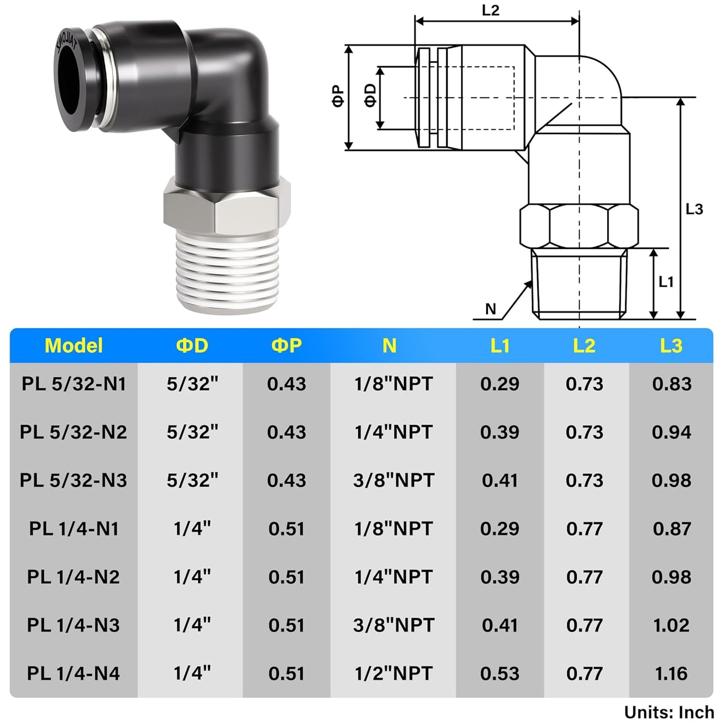TAILONZ PNEUMATIC Elbow and Straight Combination 5/32 Inch Tube OD x 1/8 Inch NPT Thread Push to Connect Fittings PC-5/32-N1+PL-5/32-N1(Pack of 4)