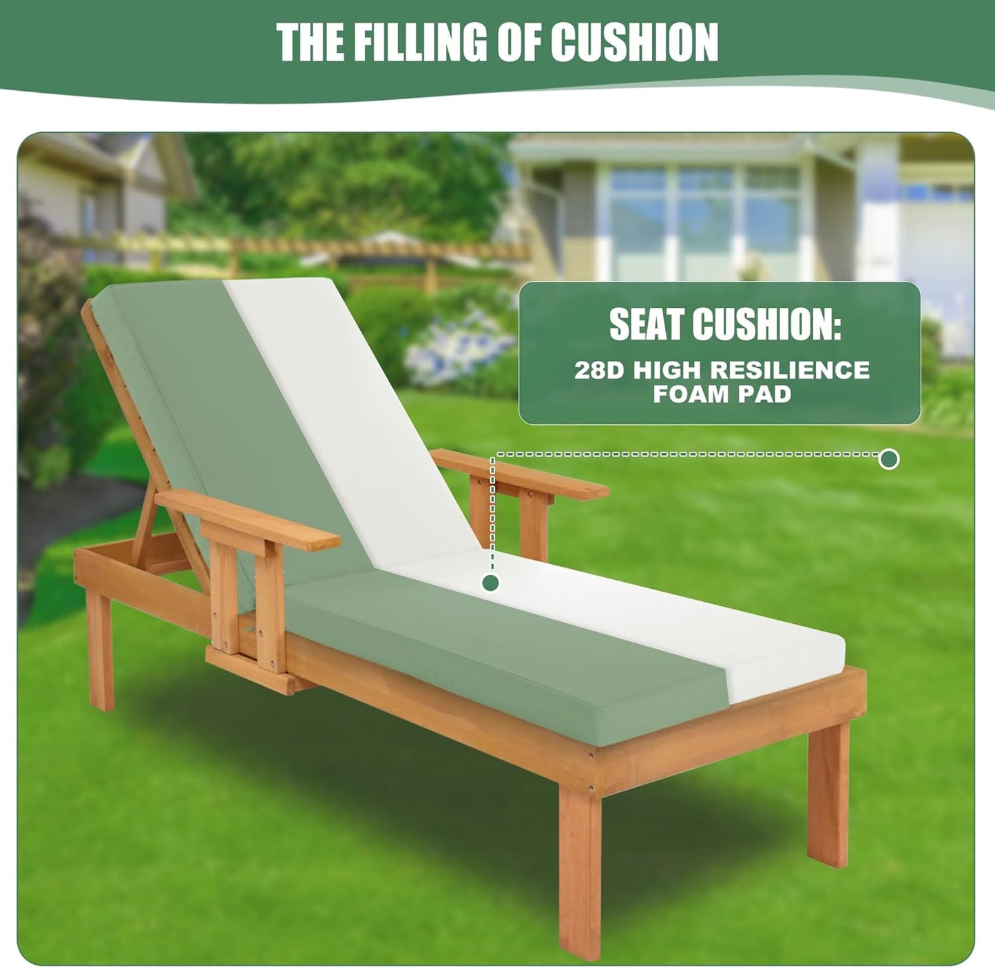 Chaise Lounge Cushions Outdoor - Waterproof and Fade Resistant Sun Lounger Replacement Cushions - Patio Lounger Pads with Removable Cover for Pool, Deck, Lawn, 80 x 26 x 3 Inch, Sage Green