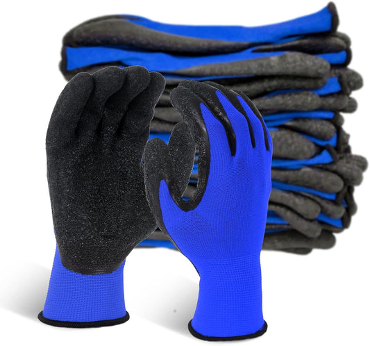 Evridwear Crinkle Latex Rubber Hand Coated Safety Work Gloves for Men Women General Multi Use Construction Warehouse Gardening Assembly Landscaping (Large,Blue- 12Pair)
