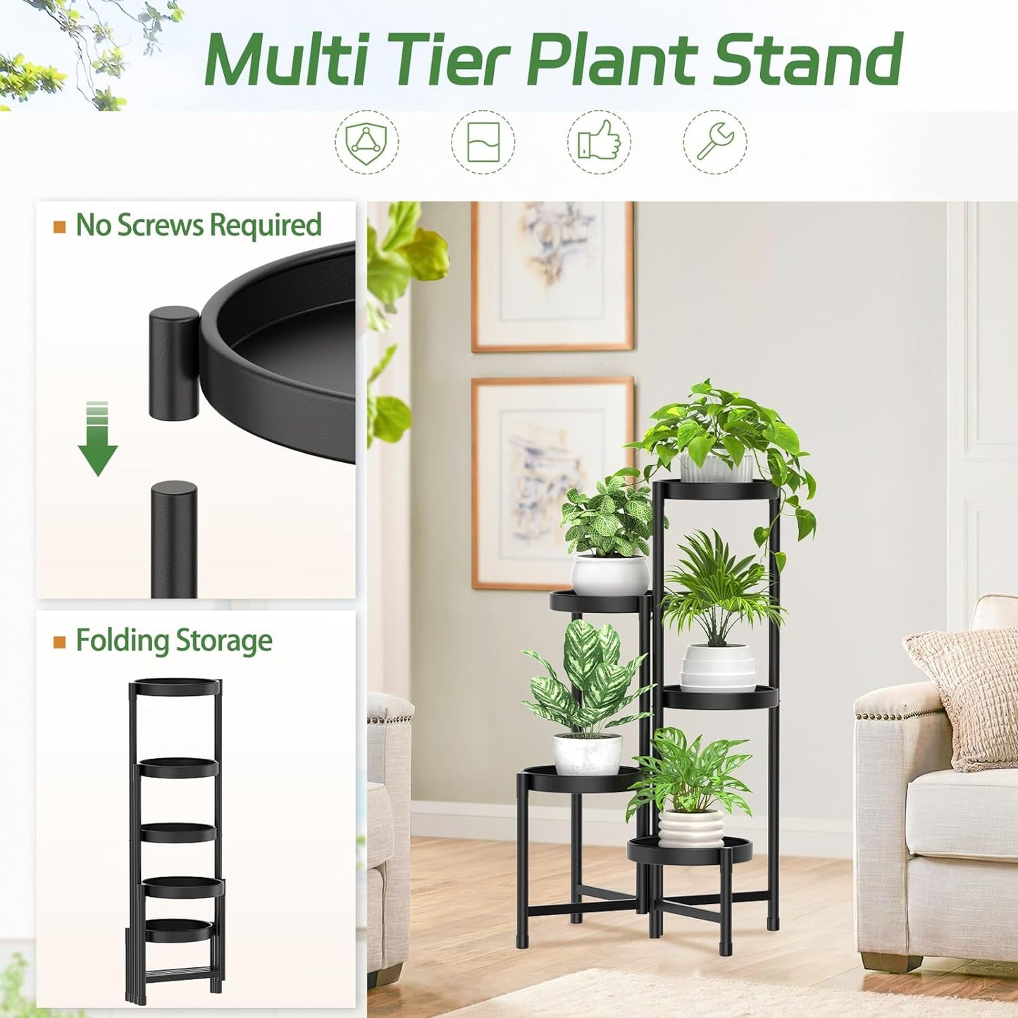 iDavosic.ly Plant Stand with Garden Tools, 5 Tier Corner Metal Flower Display Holder Shelf Indoor Outdoor, Folding Tall Orchid Rack for Patio Balcony Porch Living Room House, Black