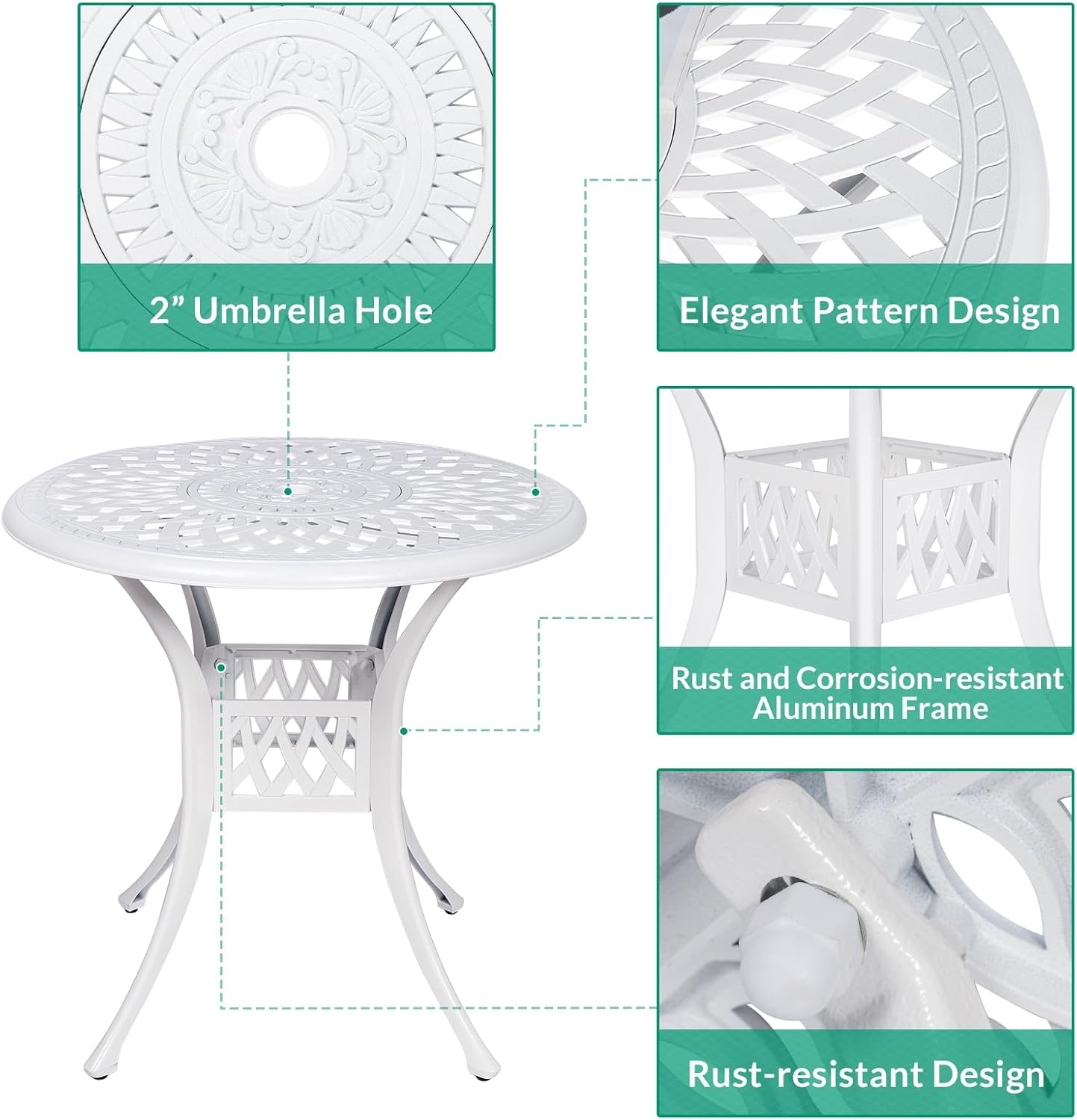 VIVIJASON 3-Piece Outdoor Patio Bistro Set, All-Weather Cast Aluminum Furniture Dining Sets Include 2 Chairs and 31" Round Table w/Umbrella Hole for Balcony, Lawn, Garden, Backyard, White