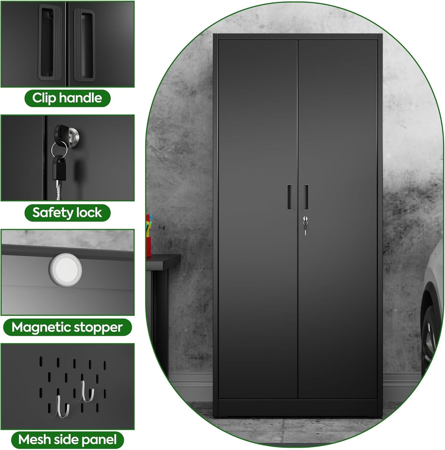Broom Closet Storage Cabinet with 5 Pegboard, Hanging Rod &13 Hooks, Utility Metal Garage Storage Cabinets with Doors and 4 Shelves for Garage Home Office, Black,71.4" H x 31.5" W x 15.7" D